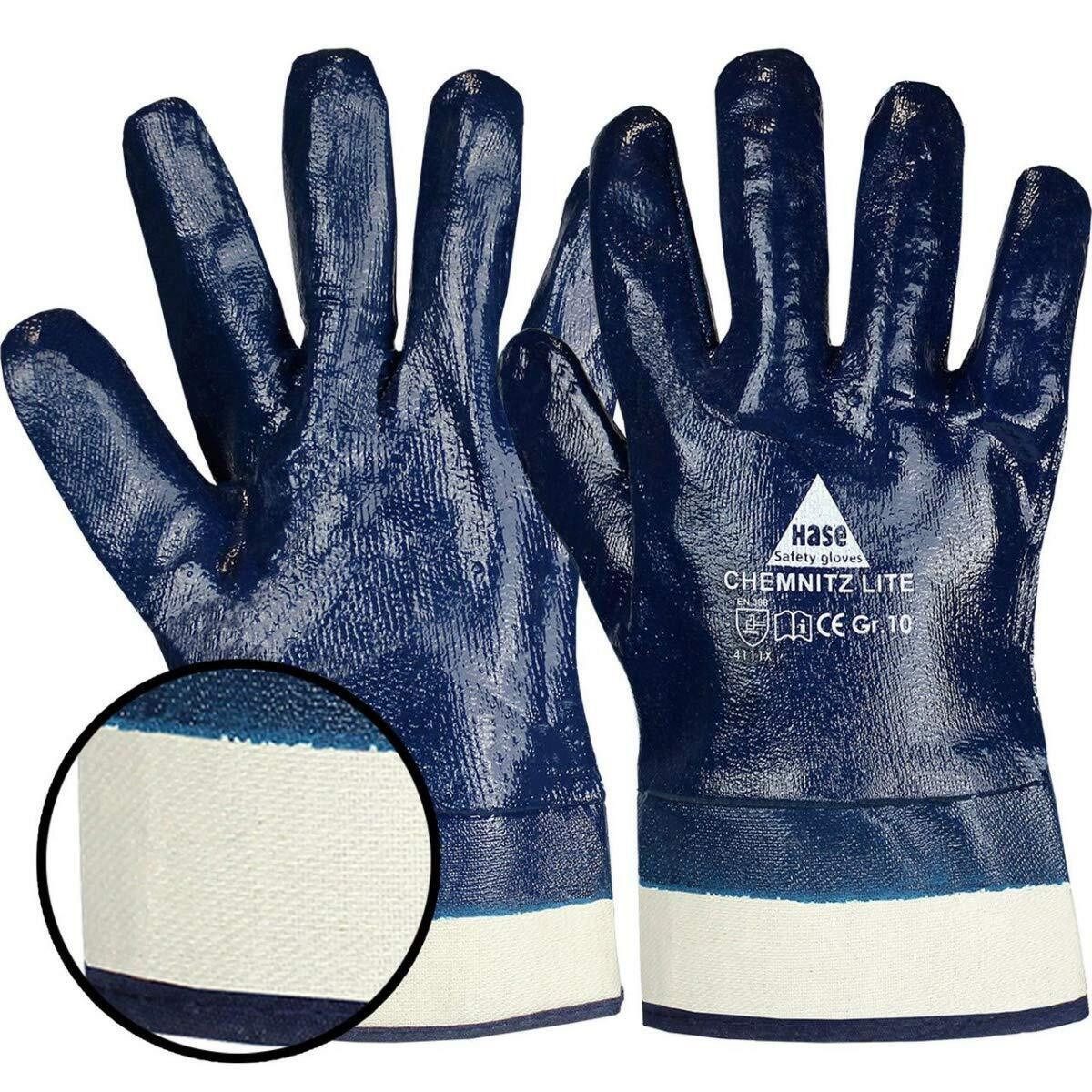 Hase Safety Gloves Arbeitshandschuh-Set 904200 Nitril vollbeschichtet Chemnitz lite blau Stulpe (Packung, 12-St., VPE= 12-144 Paar, Gr 8-11) ölbeständig/robust/