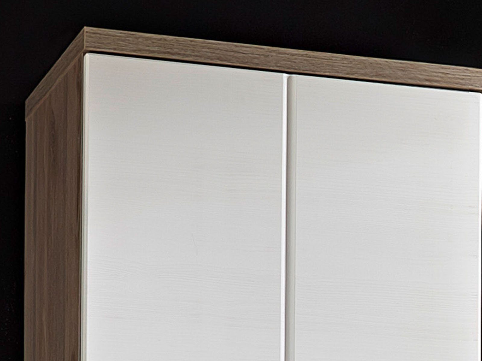 möbelando Garderobenschrank Einlegeböden. weiß-Struktur in aus Moderner 1 aus 5 Tiefe 47 cm Front/Absetzungen: Spanplatte 39 Chancey Silbereiche, Korpus 199 Breite Konstruktionsboden Nachbildung Garderobenschrank in in Höhe und cm, MDF cm, Silbereiche mit Holztür, Absetzungen 1 und