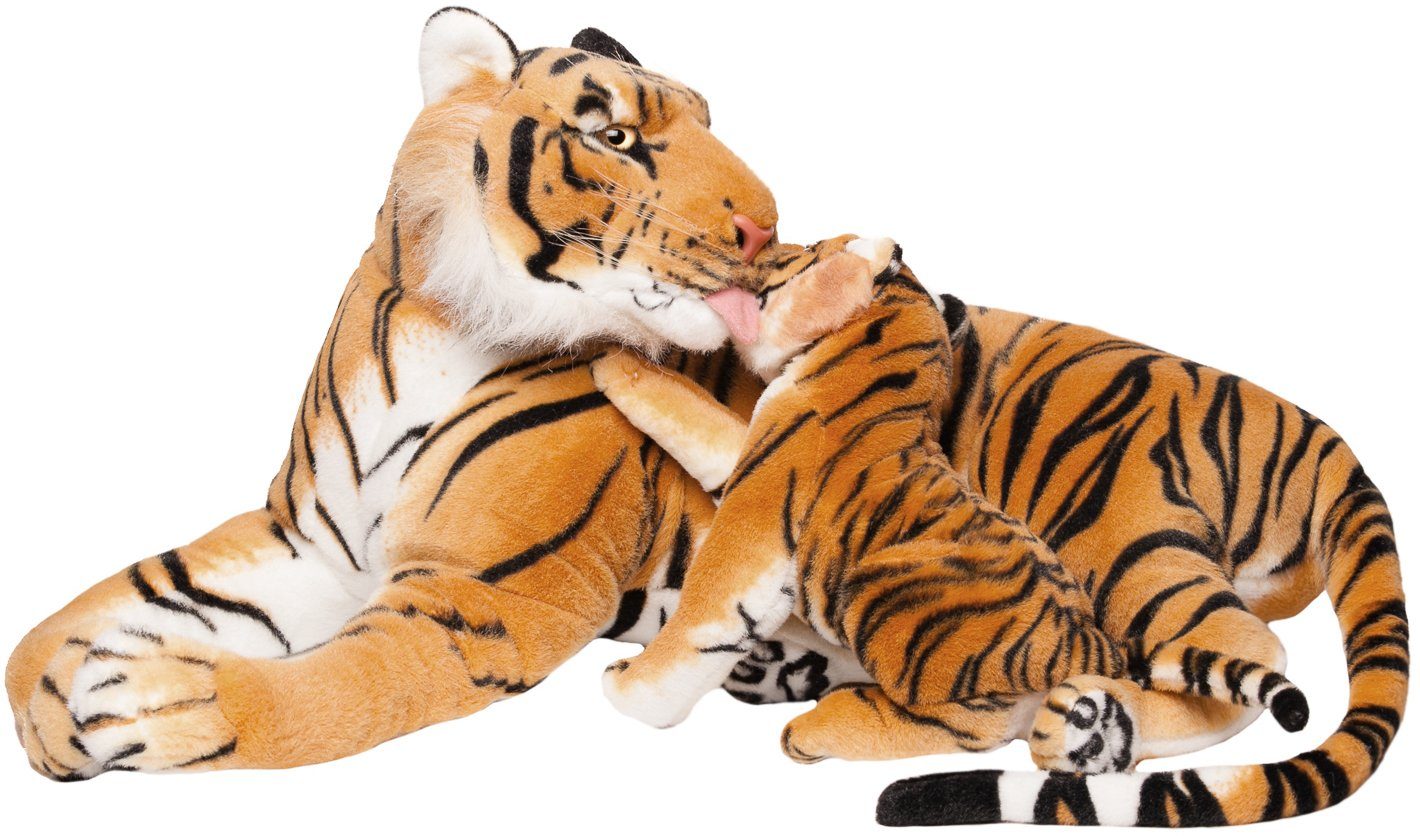 BRUBAKER XXL Plüschtier Tiger mit Baby 100cm Weiß o Braun Kuscheltier Plüschtier 