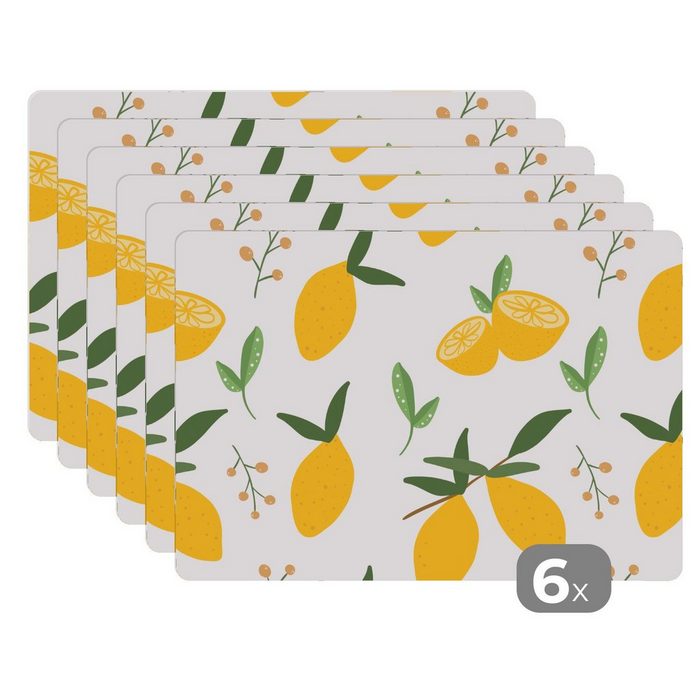Platzset Zitronen - Muster - Weiß - Abstrakt MuchoWow (6-St) Platzset Platzdecken Platzmatte Tischmatten Schmutzabweisend