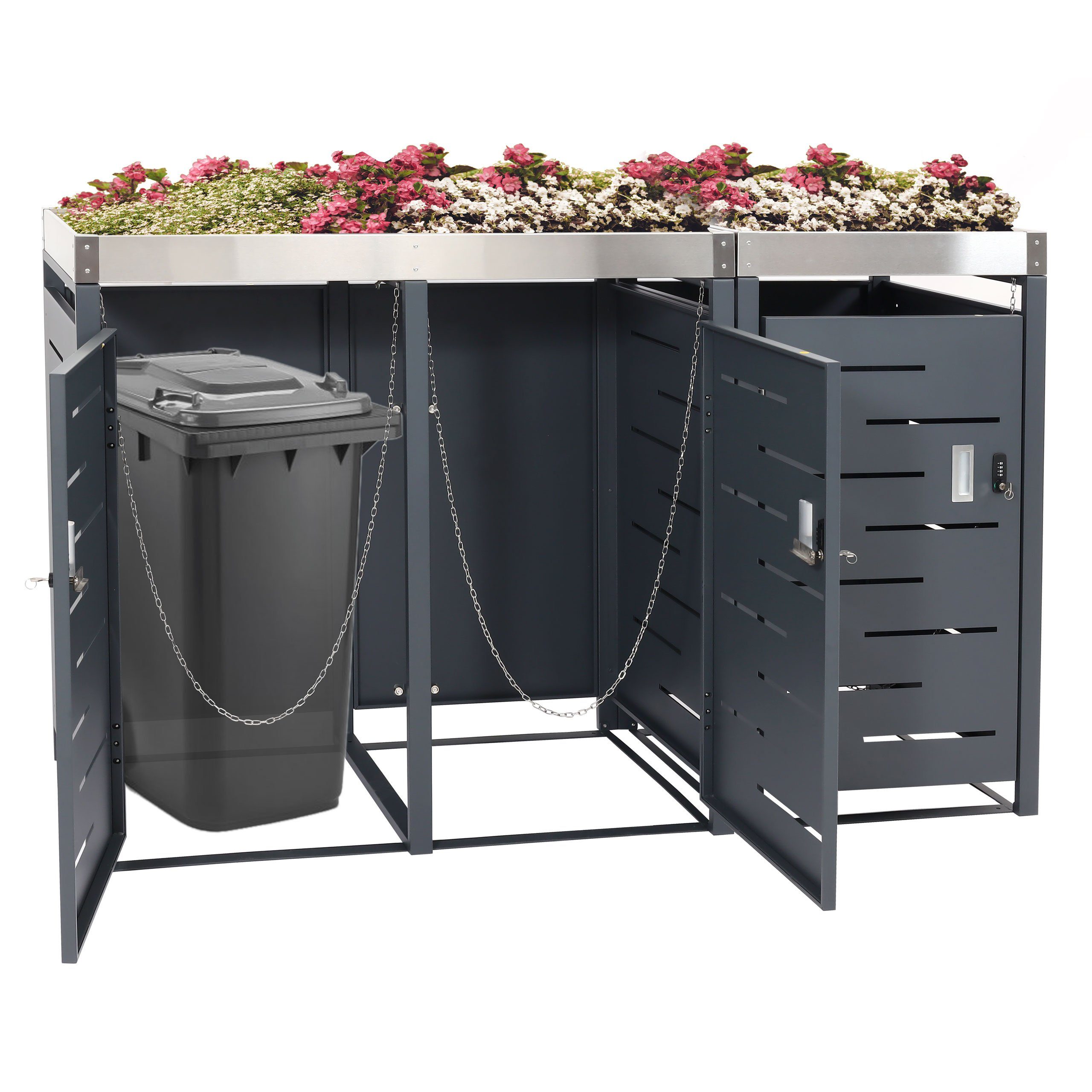 MCW Mülltonnenbox MCW-H40b-3, Mit Kippvorrichtung, Wasserablauflöchern, Magnetischer Türverschluss