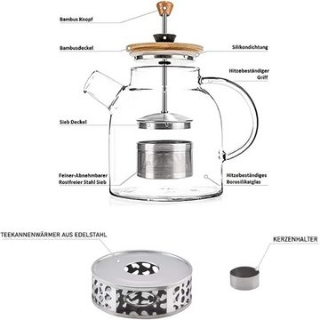 Naturic Teekanne Teekanne mit Stövchen aus Glas mit Sieb 1,6 l Teekanne mit Siebeinsatz, 1600 l, Spülmaschinengeeignet, Edelstahl Sieb, Deckel Abnehmbar