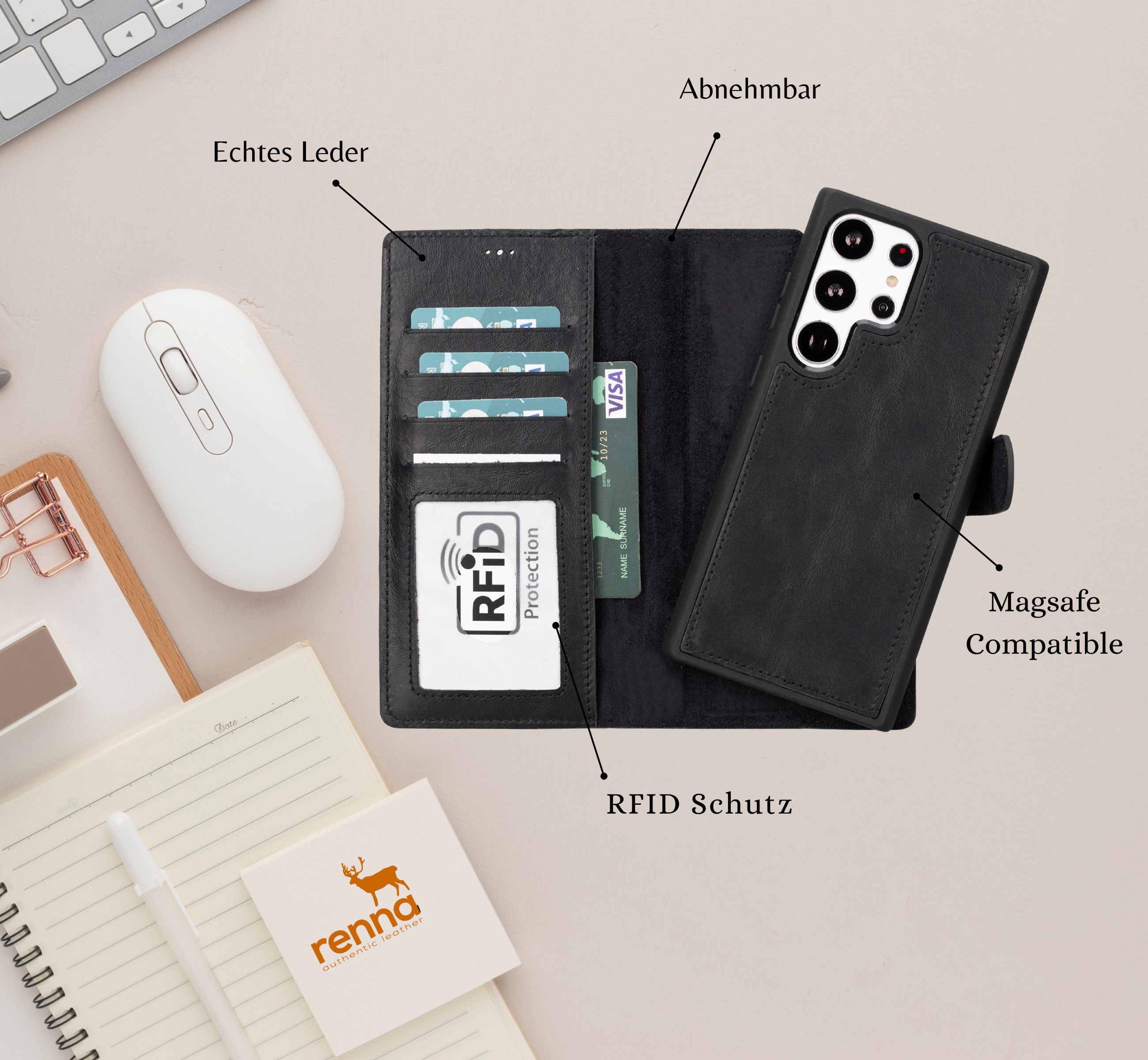 Renna Leather Handyhülle Samsung S26 ULTRA Echtes Leder Handyhülle abnehmbare mit Magnet