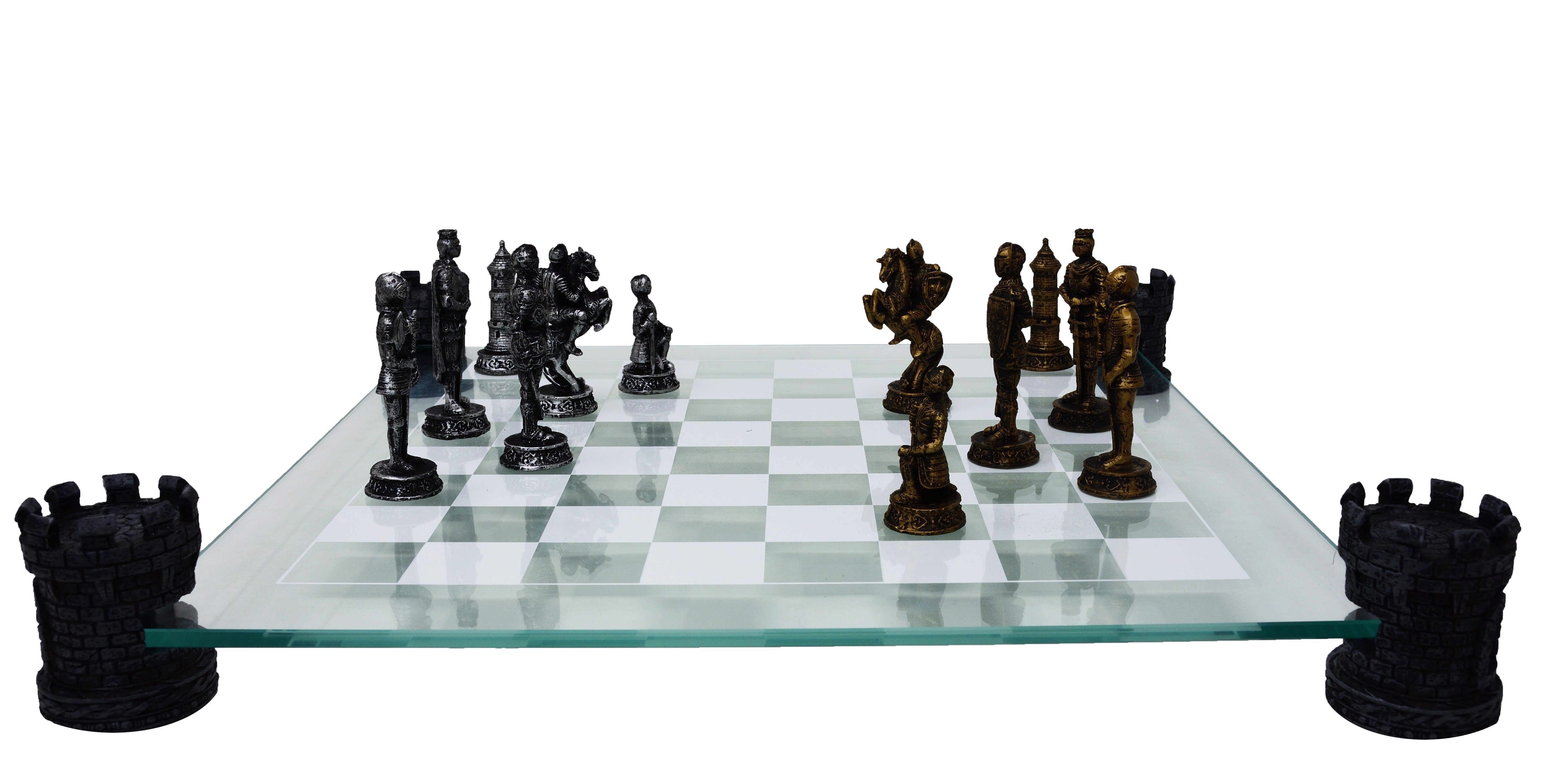 MystiCalls Spiel Schachspiel Ritter mit Glasbrett Ritterschach Ritterspiel Schach Spiel, Strategiespiel, Inklusive Glasbrett
