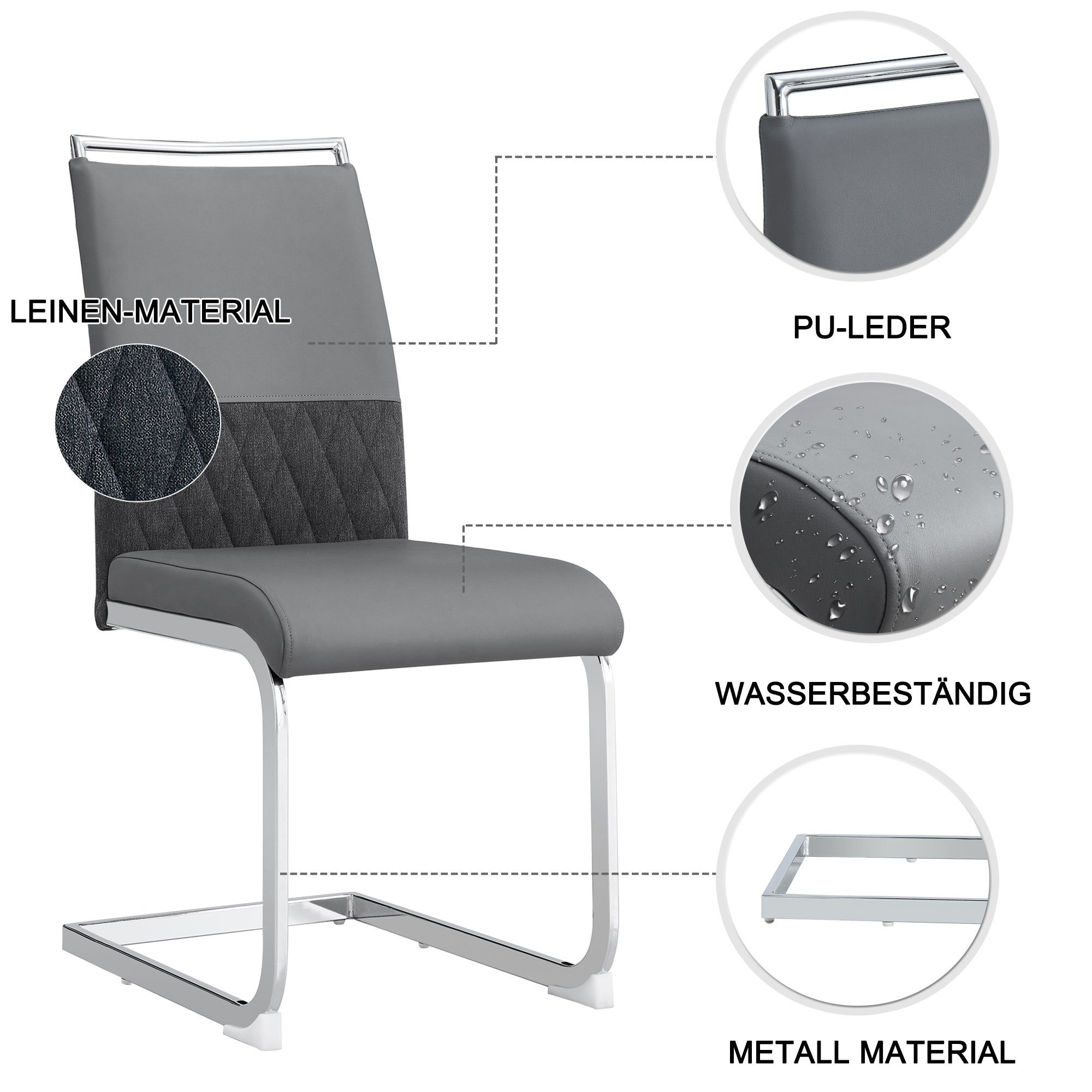 Freischwinger (Esszimmerstuhl, 2 St), Sitz gepolstert, Gestell aus Metall, Stuhl belastbar bis 150 Kg