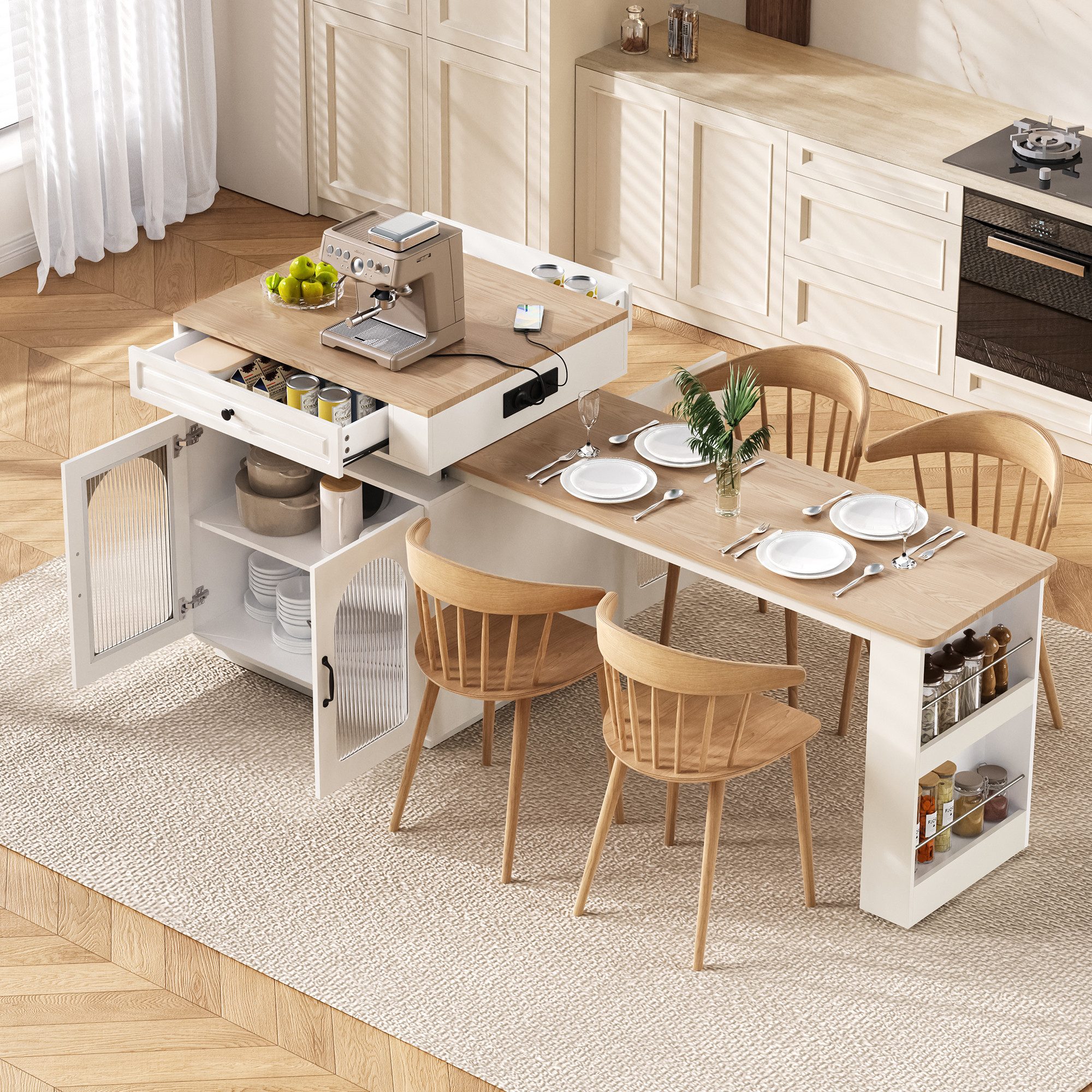 Merax Küchenzeile Esstisch Kücheninsel mit Rollen, Ausziehbarer Esstisch, küchentisch, LED Steckdosenleiste, Multifunktionaler Bartisch, Sideboard