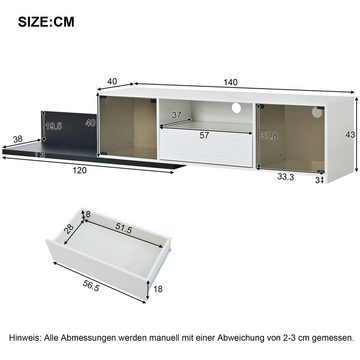 BlingBin TV-Schrank Lowboard Schiebedesign (1-St., Mit 2 Türen, 1 Schublade und 1 offenem Fach, Breite 140cm) mit LED-Beleuchtung, marmorgeäderter Tischplatte, Glasdesign