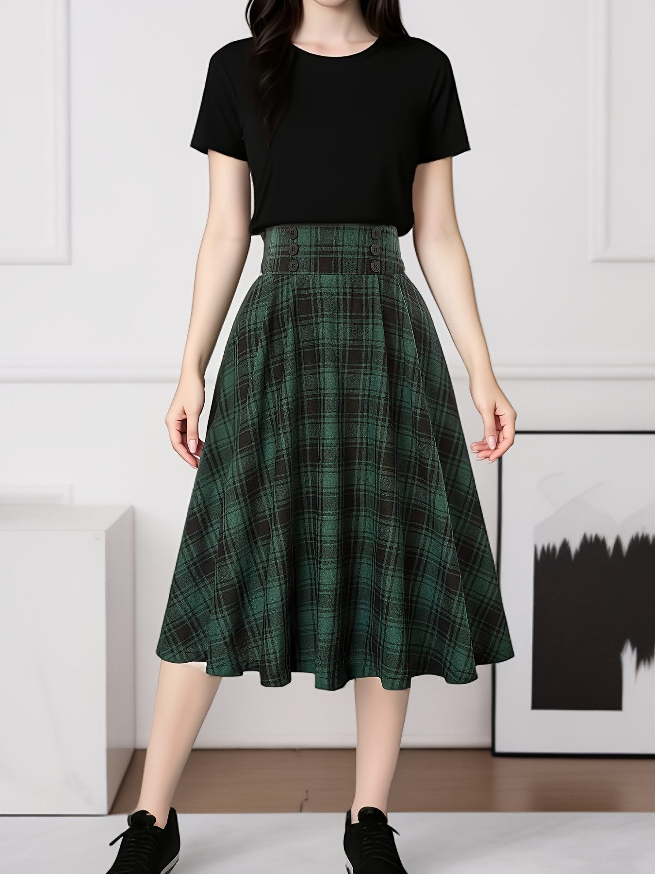 DEBAIJIA Midirock Damen Rock Plissierter Karierter Elastischer Bund Vintage Midirock