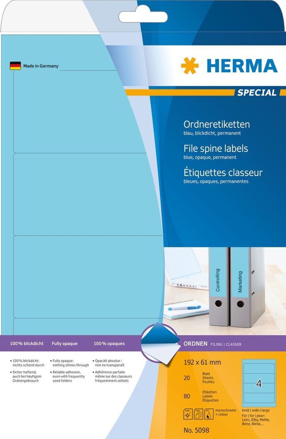 Hinweisschild HERMA 5098 Ordnerrücken-Etiketten SPECIAL, 192 x 61 mm, blau