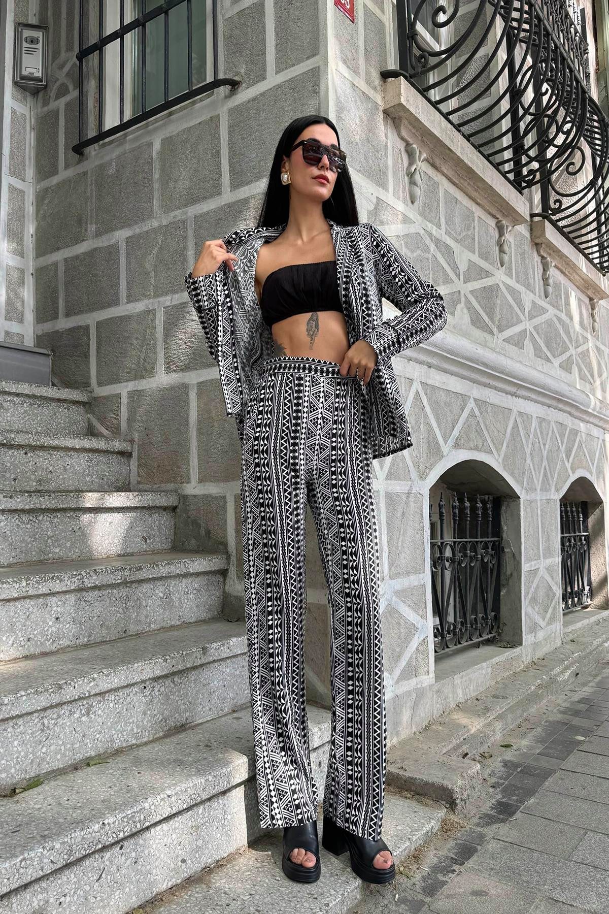 For You Moda Hosenanzug 3-teiliges Viskose gemustertes Bustier-Hosen-Set