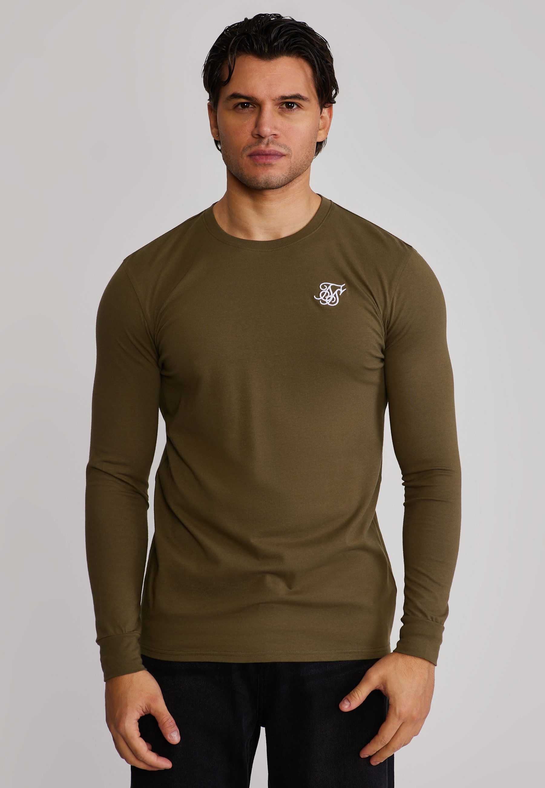 Siksilk T-Shirt SikSilk Herren Khaki Grün Essentials LS T-Shirt