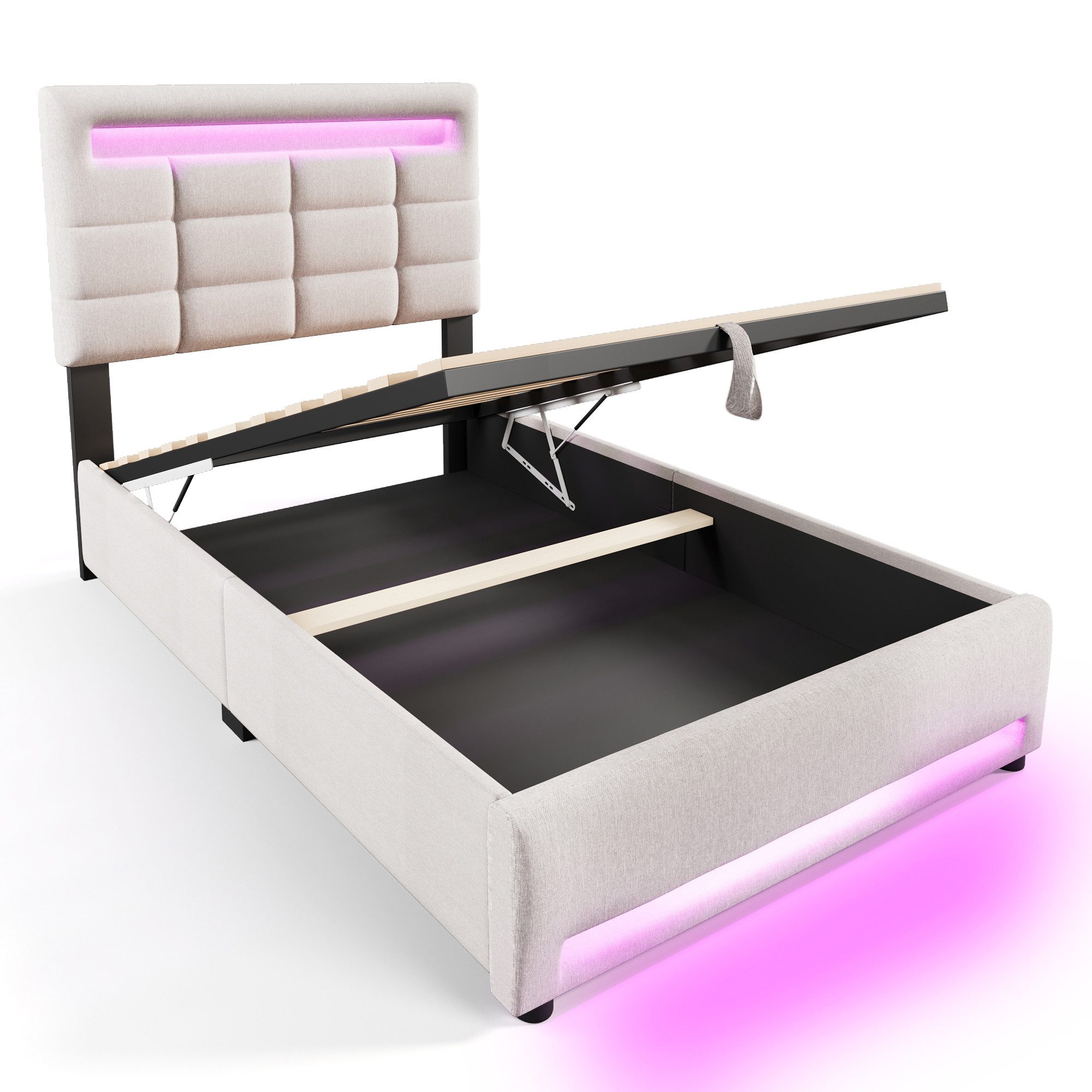 SOFTWEARY Polsterbett mit LED-Beleuchtung und USB Anschlüssen (90x200 cm), günstig online kaufen