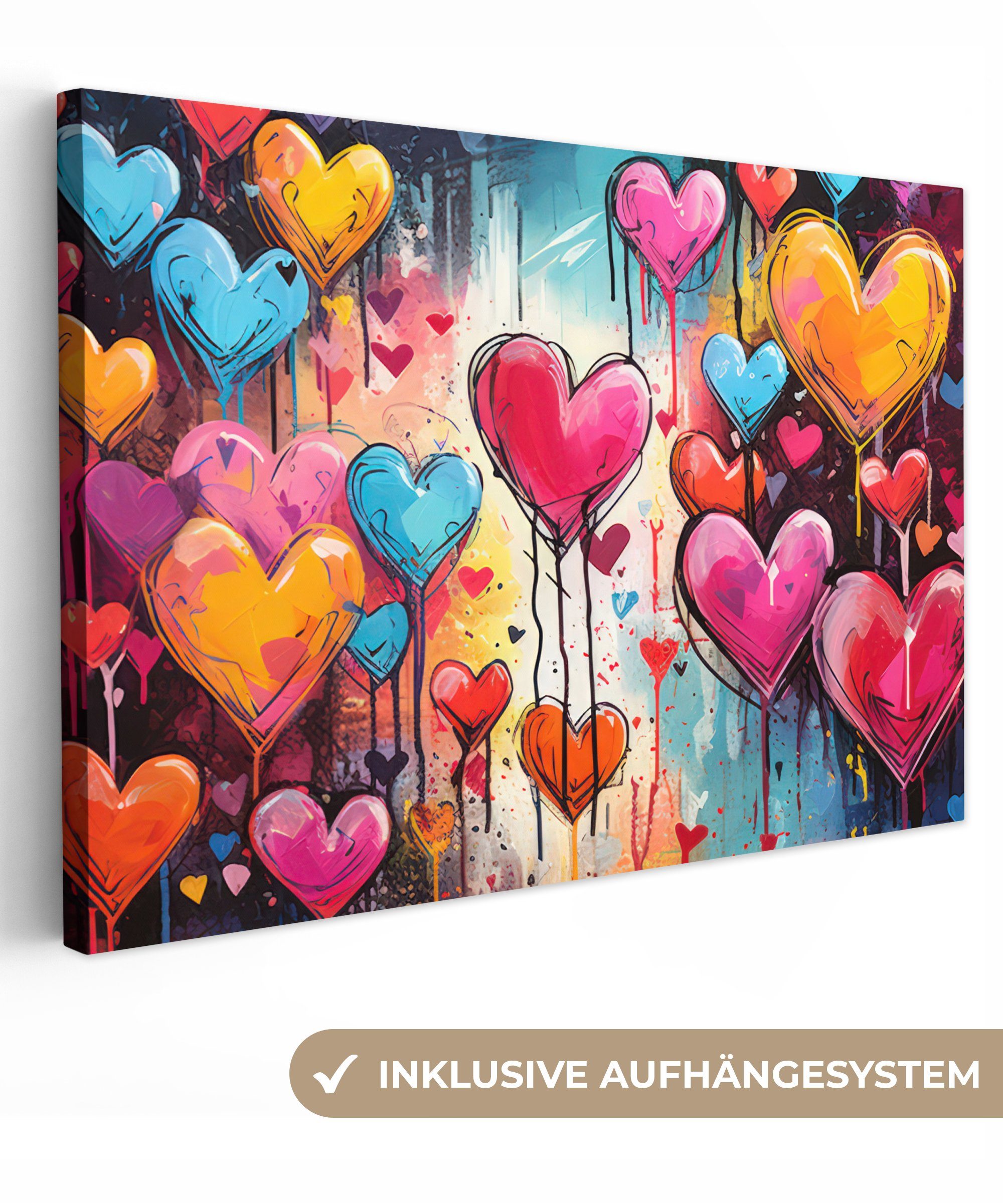 OneMillionCanvasses® Leinwandbild Herzen - Farben - Kunst - Liebe, Fotodruck (1 St), Leinwand Bilder Klein, Wand Dekoration Aesthetic 30x20 cm