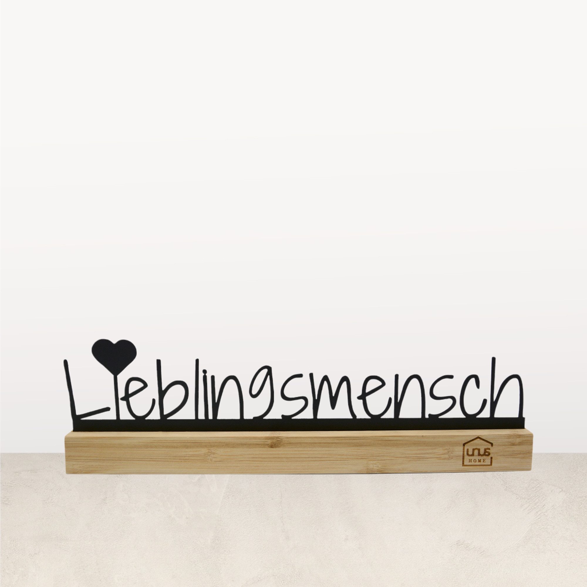 UNUS HOME Deko-Buchstaben Aufsteller Herzensmensch Lieblingsmensch (30cm breit), Schriftzug Deko-Aufsteller Bambusholz Metall Aufsteller Wohndekoration