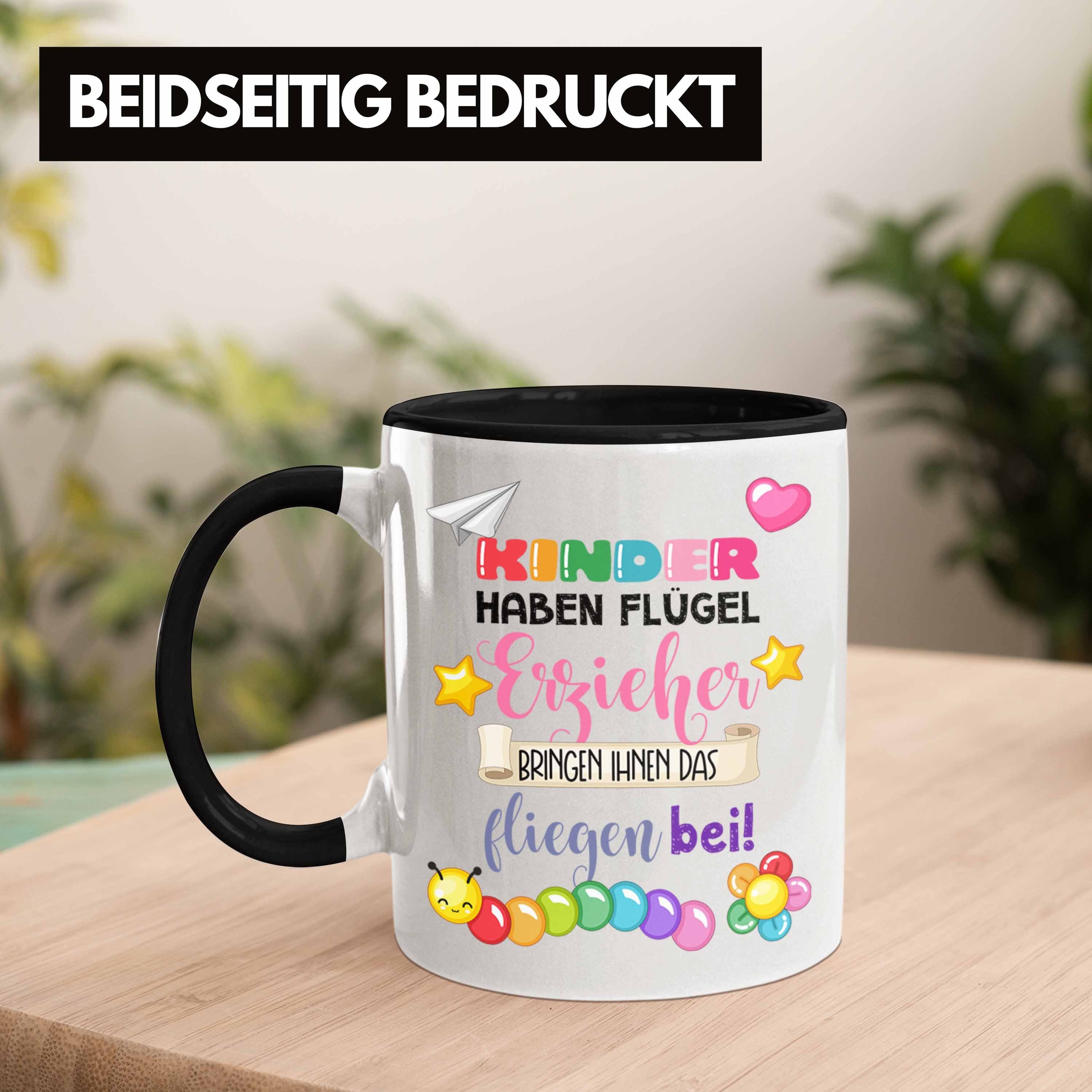 Trendation Tasse Trendation - Erzieherin Schwarz Kinder Haben Flügel Spruch Kindergärtnerin Geschenk Tasse Abschiedsgeschenk Danke Dankeschön Beste