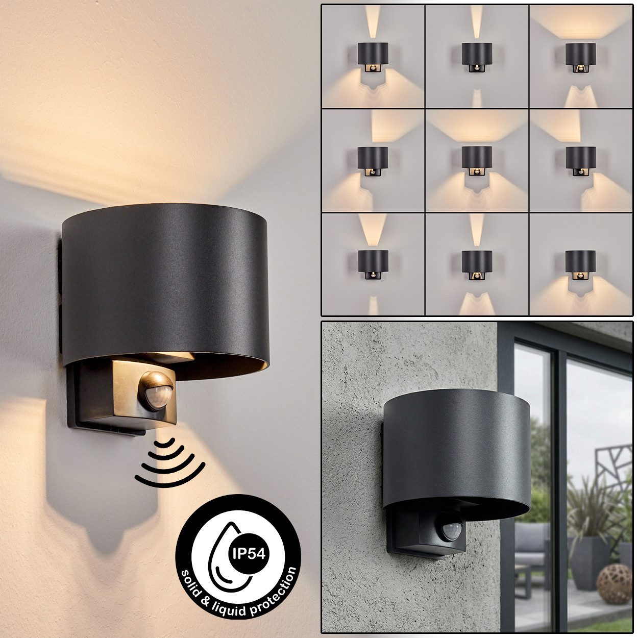 hofstein Außen-Wandleuchte Außenwandlampe mit Bewegungsmelder aus Metall in Anthrazit, IP54, LED wechselbar, moderne Wandleuchte, Lichteffekte verstellbar, LED 6 W, 350 L, 3000 K