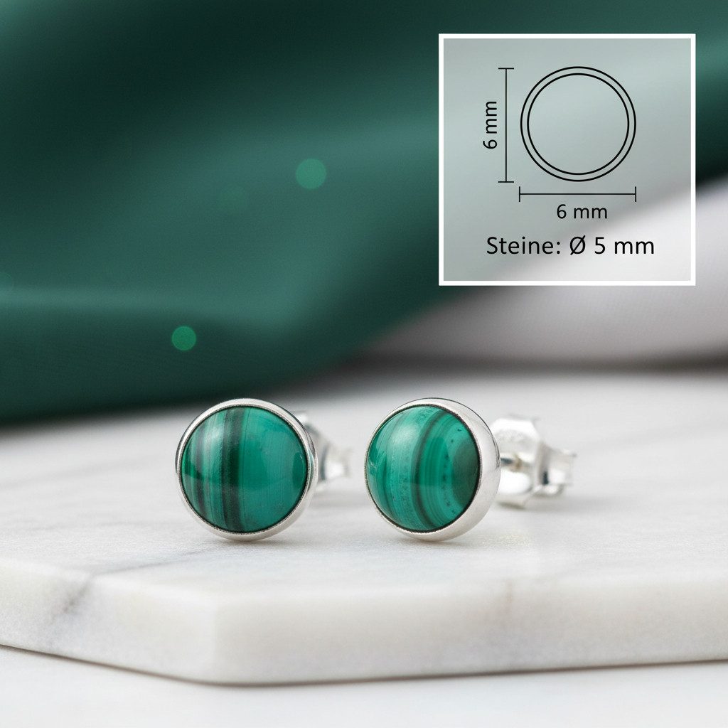 mantraroma Paar Ohrstecker SAMA rund klein aus 925 Silber mit Malachit (Paar, Paar Ohrringe mit Schmuckbeutel), 925 Sterling Silber Ohrringe für Damen