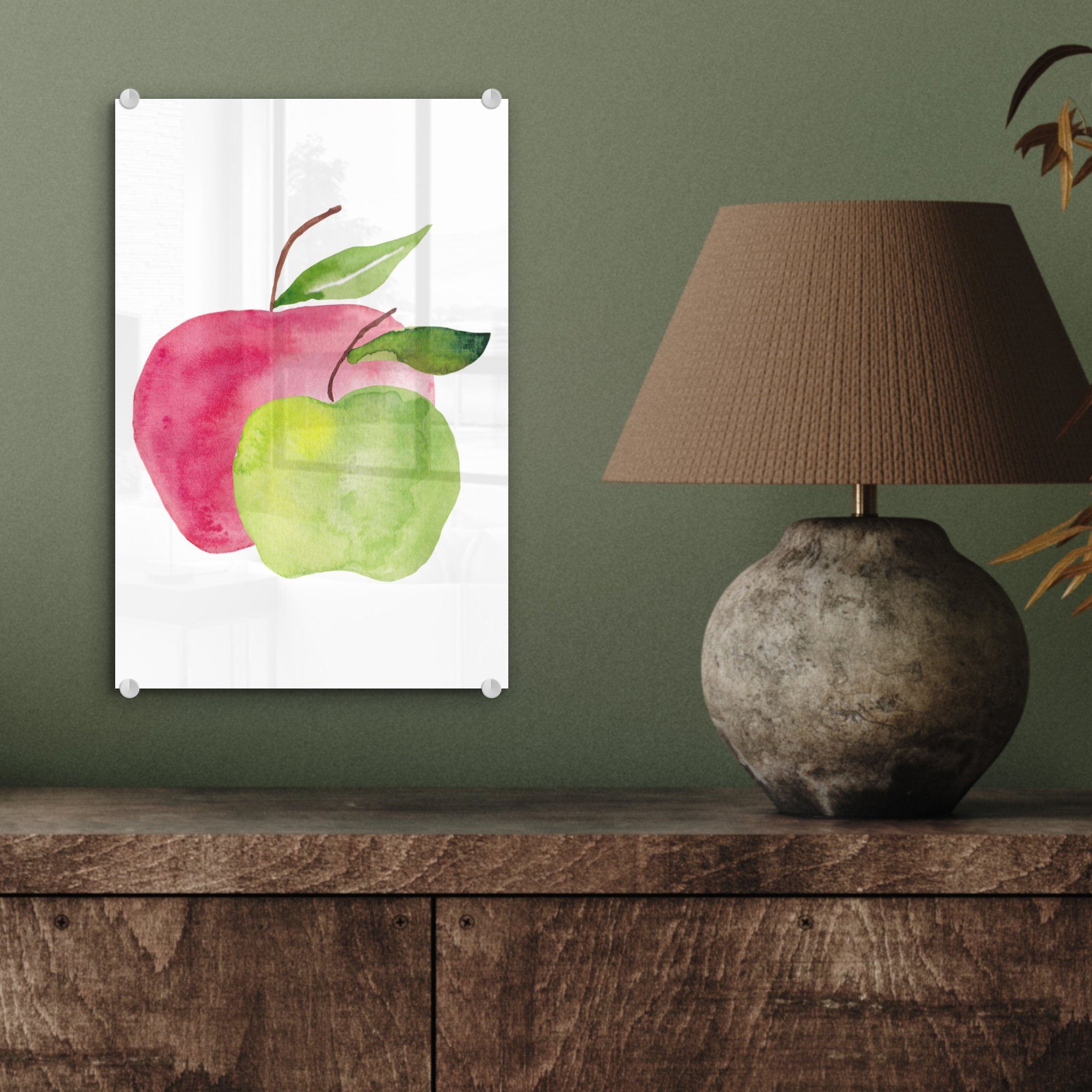 Acrylglasbild - Glas Äpfel - St), Aquarell auf Wandbild Foto Weiß, - Bilder auf - MuchoWow Wanddekoration (1 Glas Glasbilder -