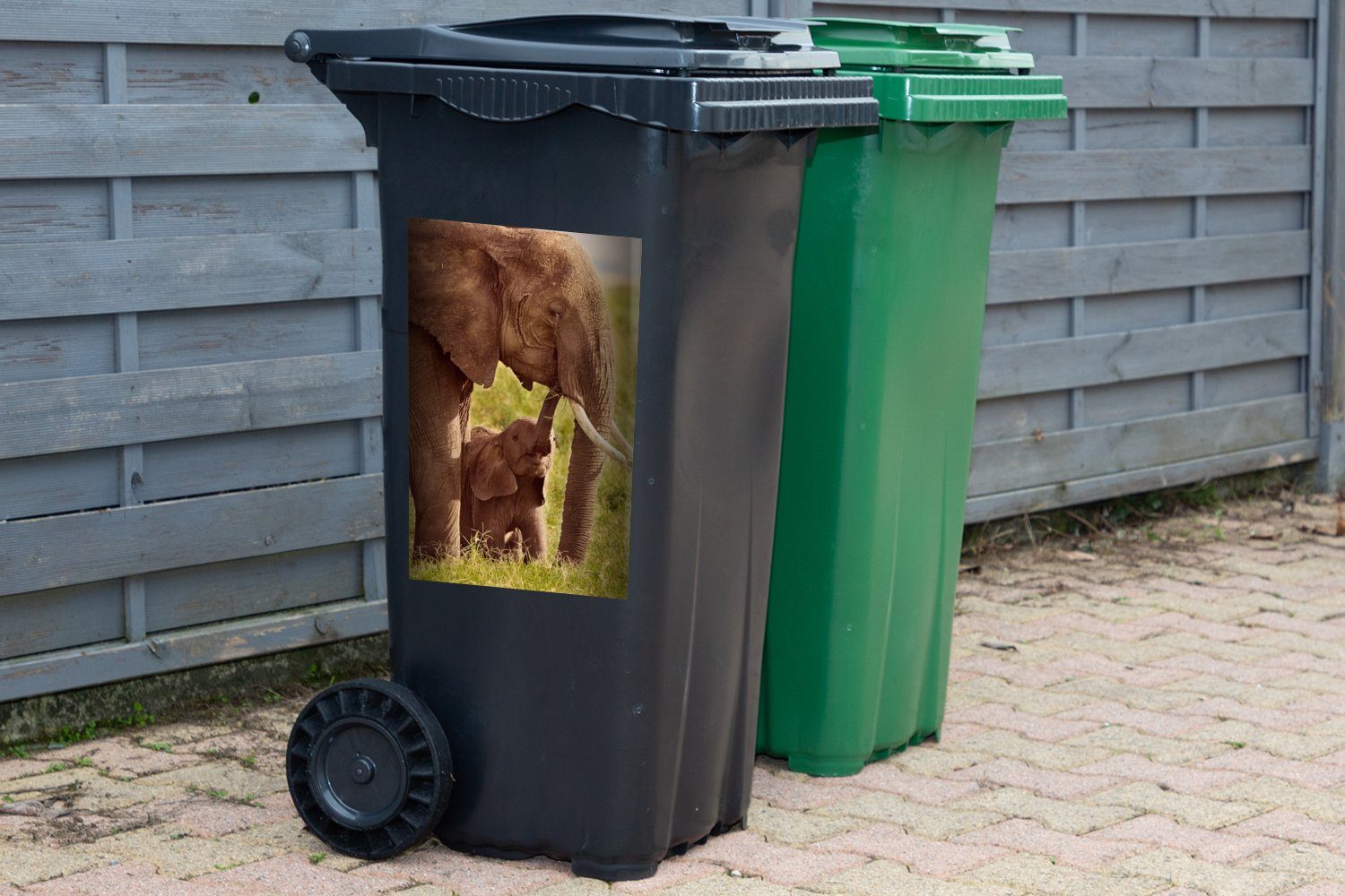 Gras Mülltonne, - Jung (1 Container, - St), Rüssel Mülleimer-aufkleber, Wandsticker Abfalbehälter Elefant MuchoWow Sticker, -