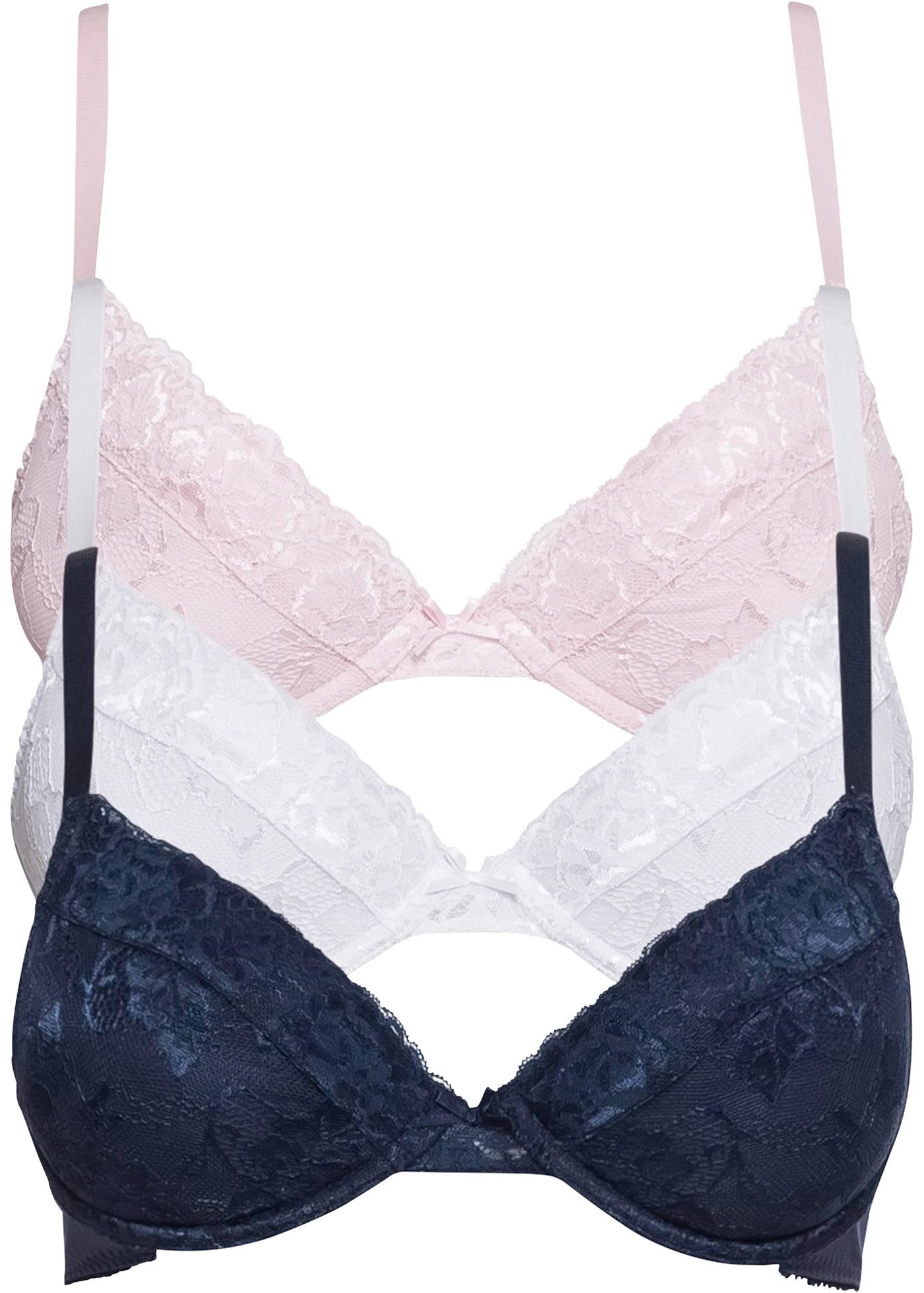 bonprix Push-up-BH (Packung, 3-tlg., 3er) leicht wattierte Cups, mit feinem Allover-Spitze, mit Baumwollfutter