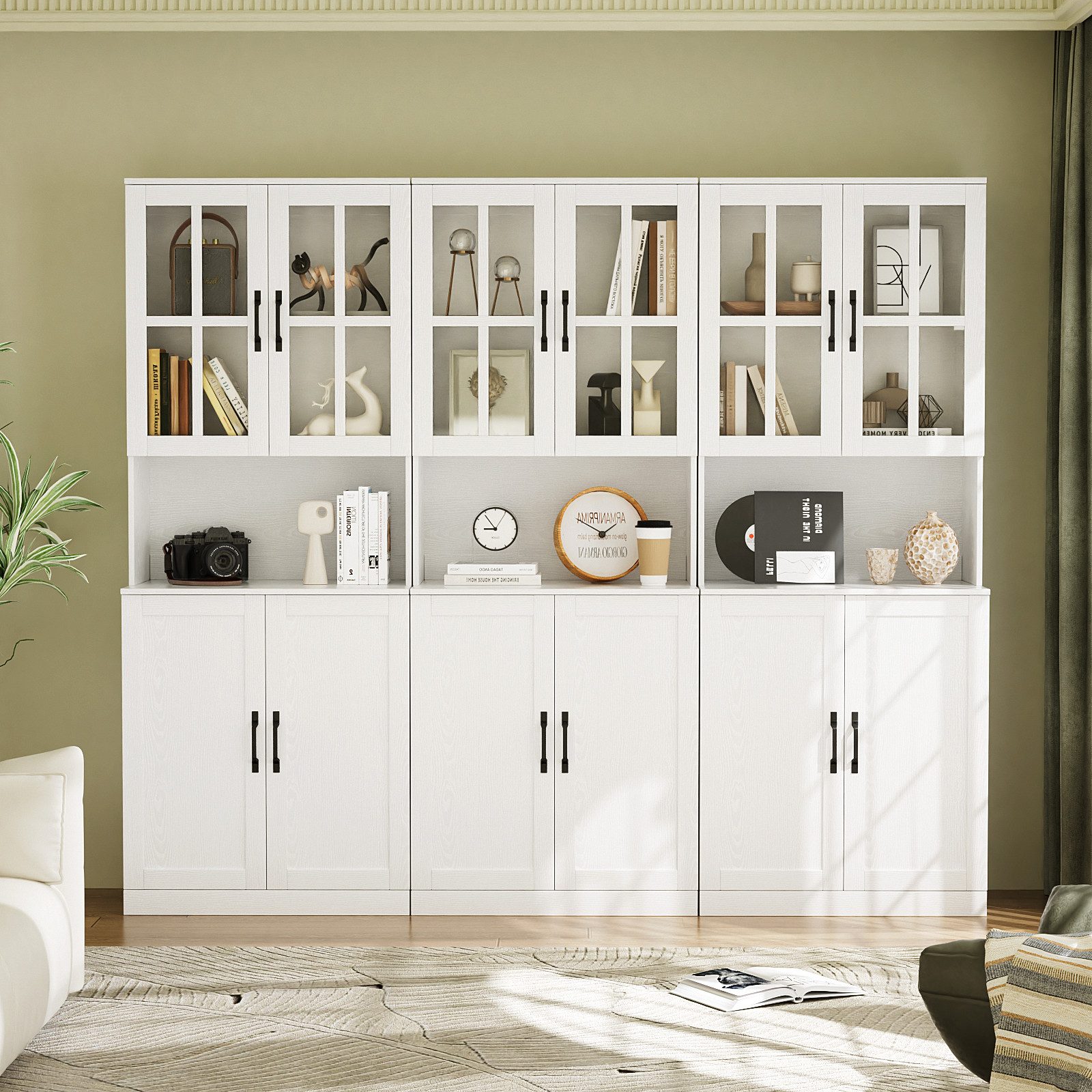 VOWNER Bücherregal mit Glastüren, offenem Fach & Arbeitsplatte – 5 Ebenen Hochschrank, 3-tlg., Vitrinenschrank Buffetschrank Standregal für Wohnzimmer & Büro