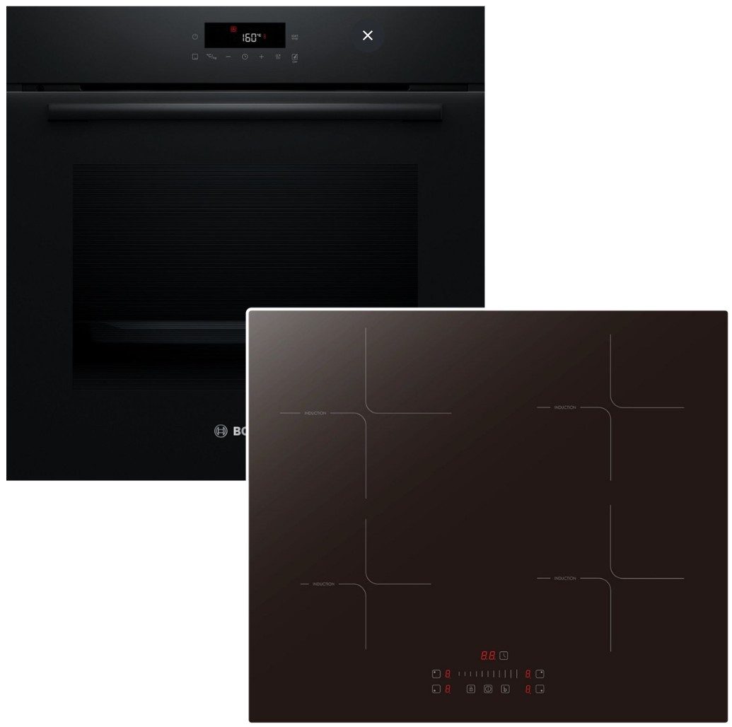 BOSCH Backofen-Set Pyrolyse 3D-Heißluft + PKM Induktionskochfeld Booster Touch Slider, Pyrolyse-Selbstreinigung Hydrolyse