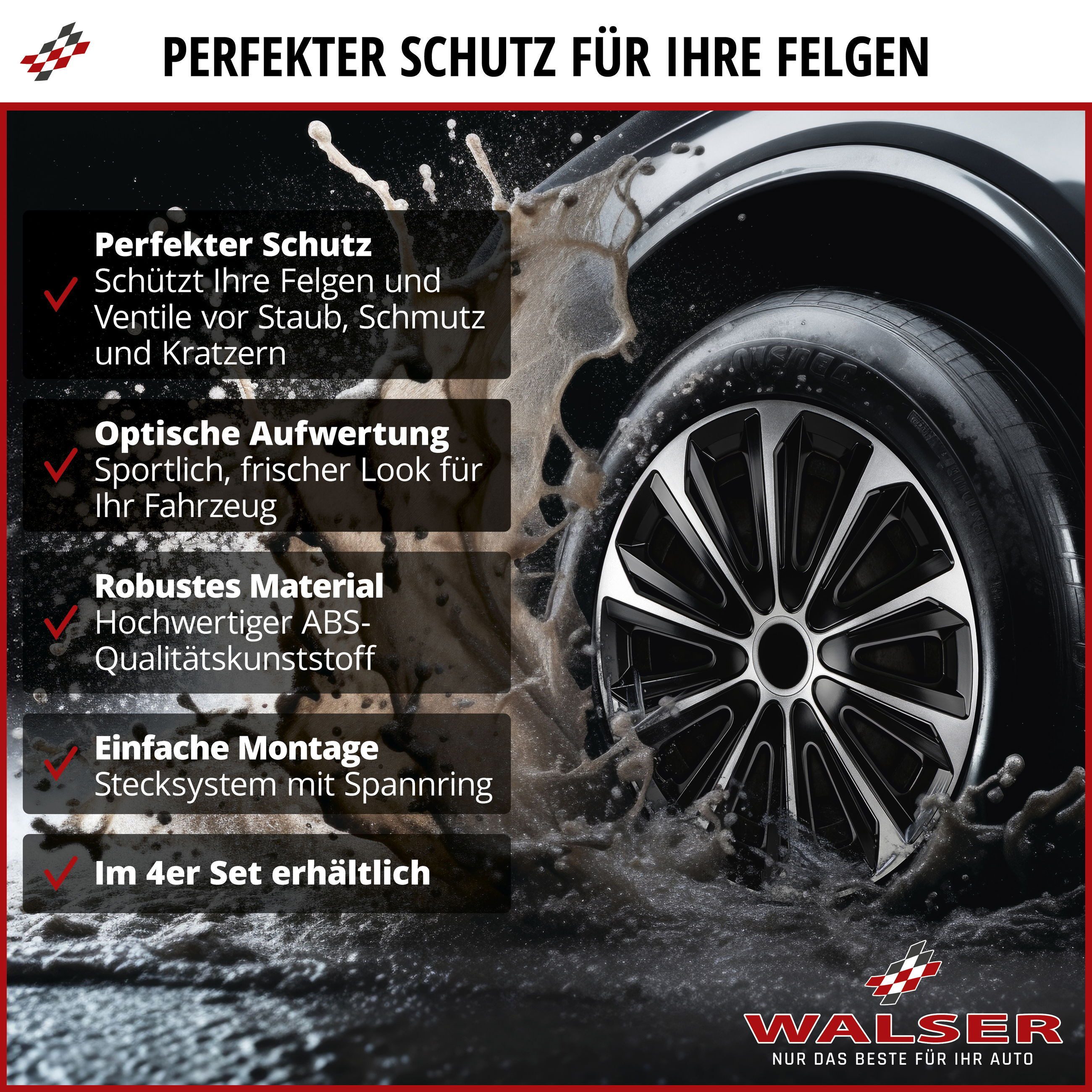 WALSER Reifentasche Radzierblenden Racer 14 Zoll, 4er Satz schwarz (4-tlg., 1 Set)