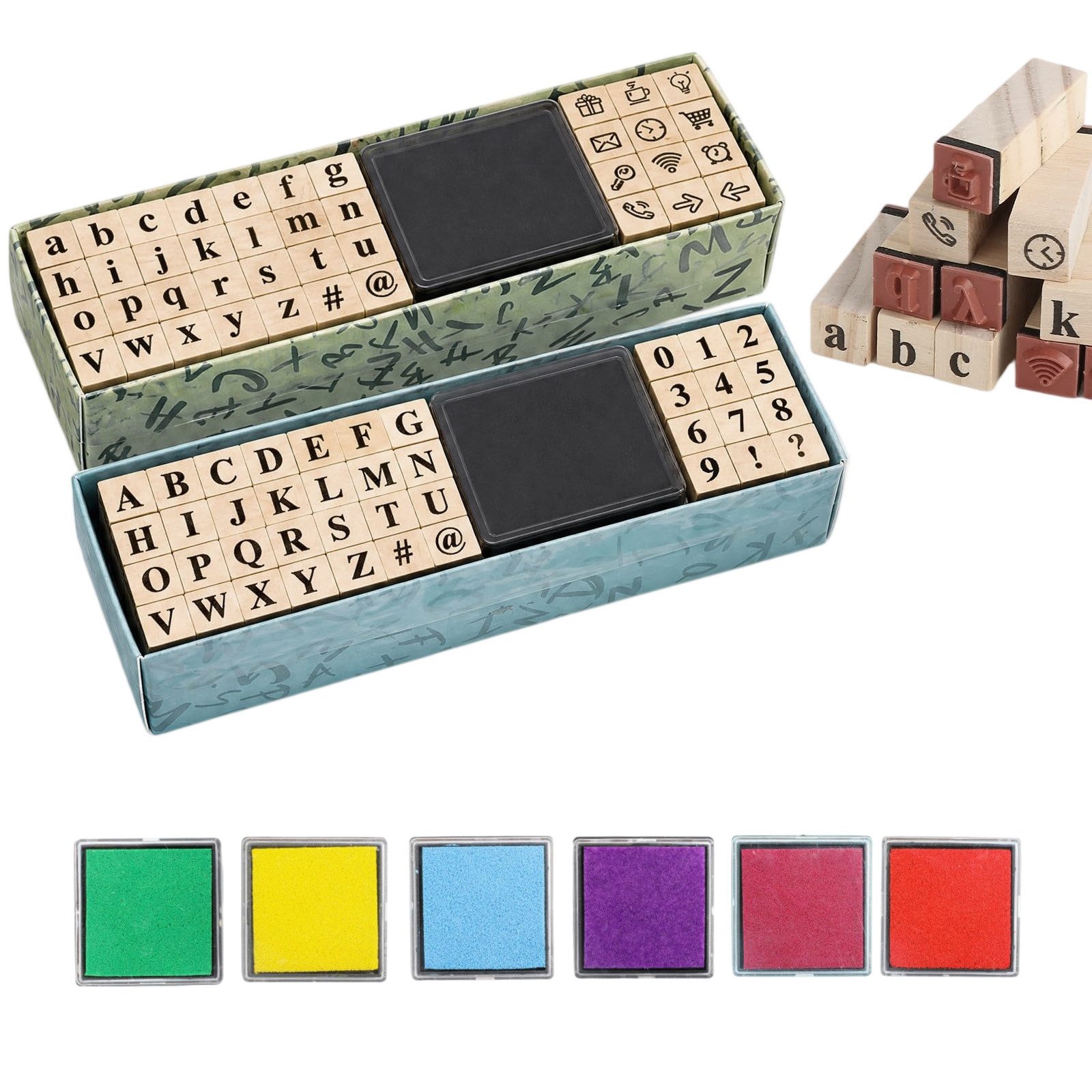 FOUORTUNATE-BEE Stempel 80er Set Buchstabenstempel aus Holz, Zahlen, Symbole 6 Stempelkissen, Holzstempel Set mit Groß- und Kleinbuchstaben für Karten, Scrapbooking