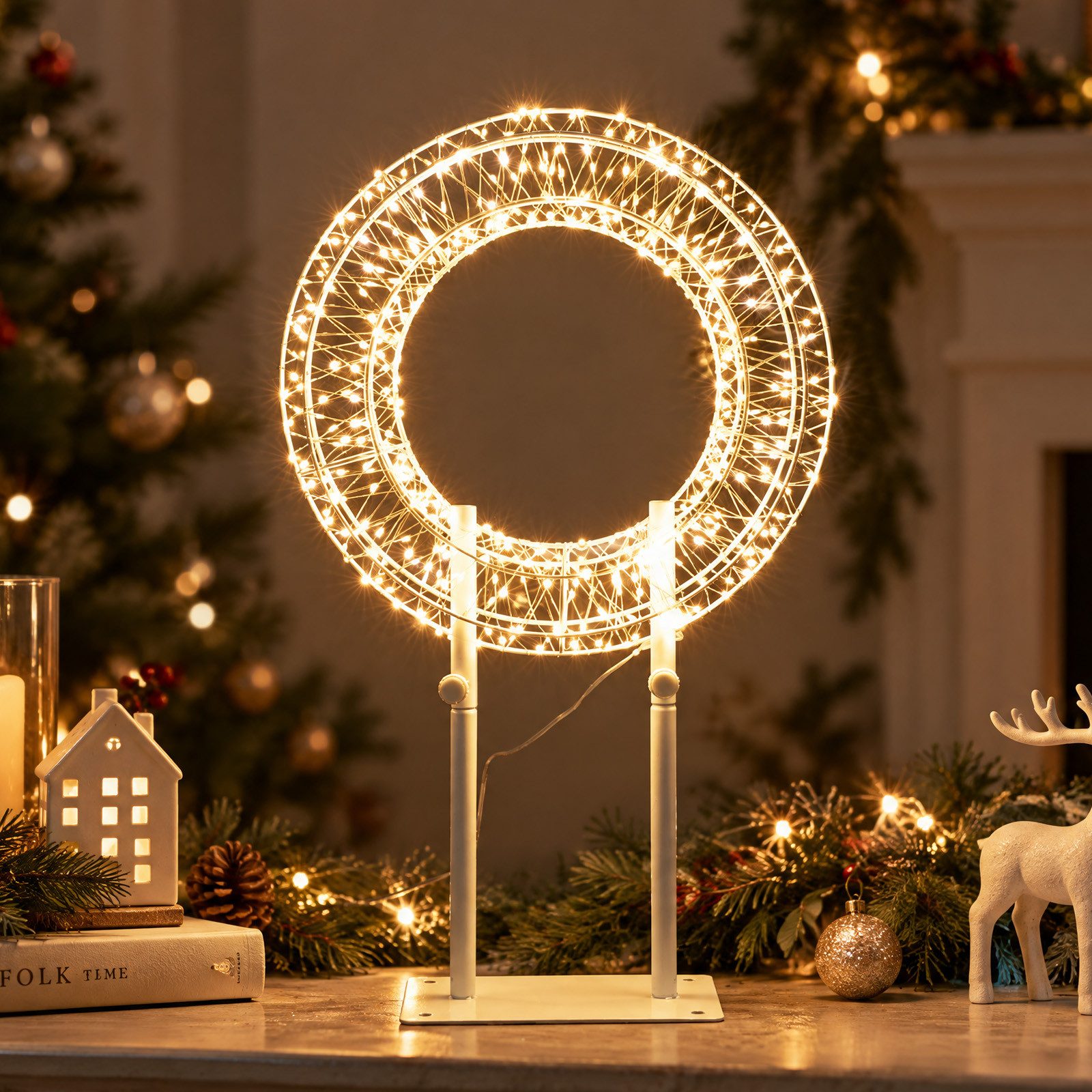 Salcar LED-Lichterkette LED Dekokranz 35/55cm Lichterkranz Weihnachtskranz Weihnachtsdeko, 3D Metallkranz, 500 LEDs, 8 Modi, Timer & Memory
