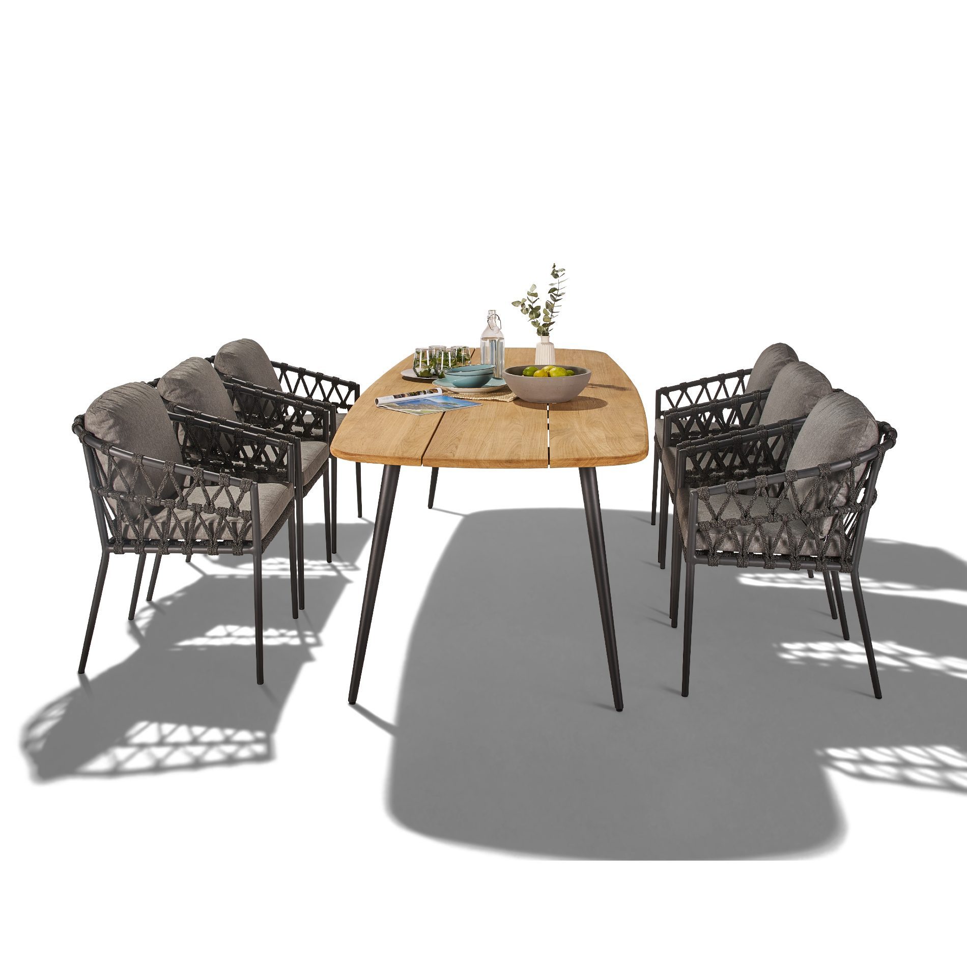 CASA DOMA Garten-Essgruppe Napola/Messina, (Gartenmöbel-Set, 7-tlg., bootsförmiger Teak-Gartentisch mit 6 Diningsesseln), Rope-Bespannung, inkl. Sitz- und Rückenkissen