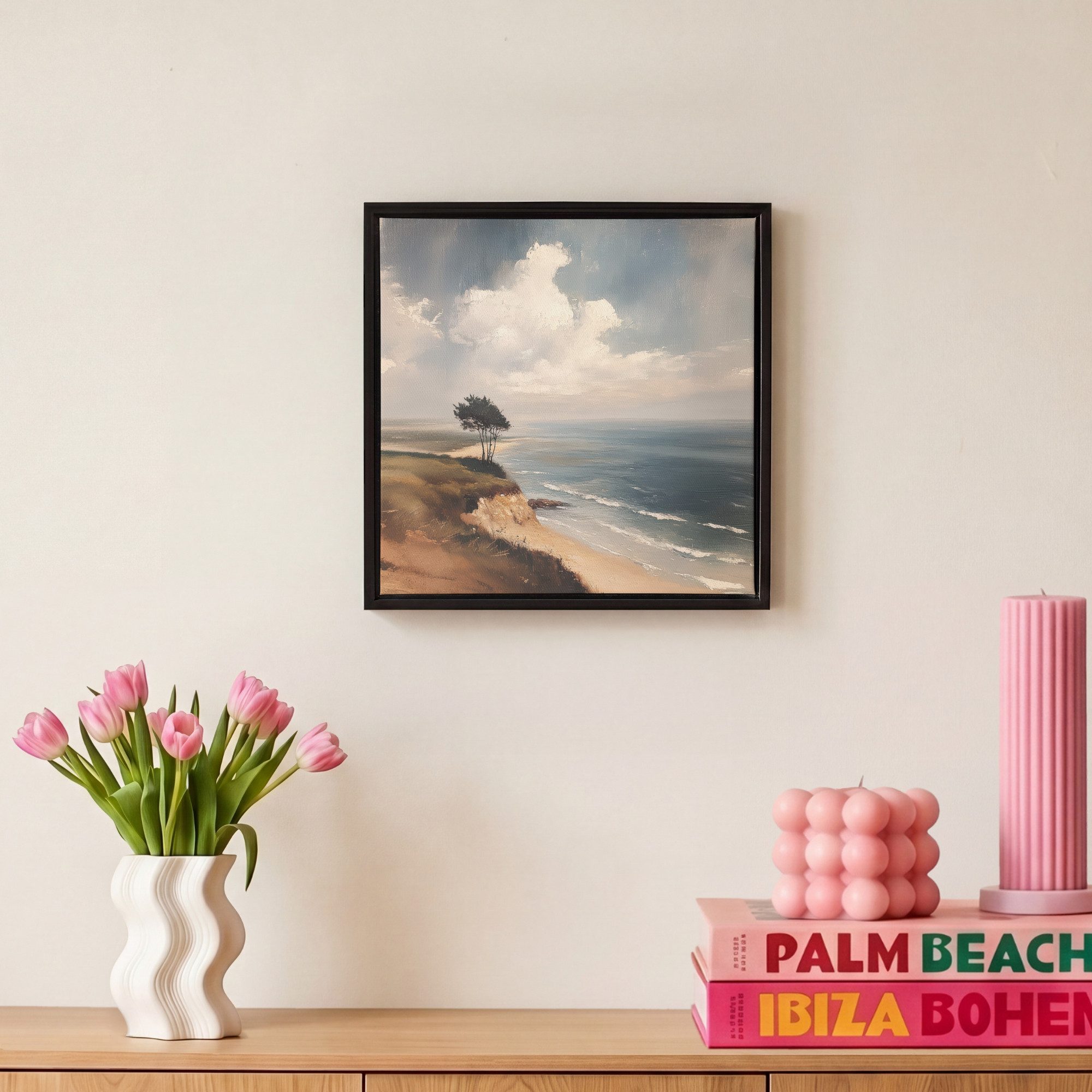 OneMillionCanvasses® Leinwandbild mit Rahmen - Klippe - Meer - Baum, Fotodruck (1 St), Leinwand Bilder Klein, Wand Dekoration Aesthetic 20x20cm – Bild 4 von 5