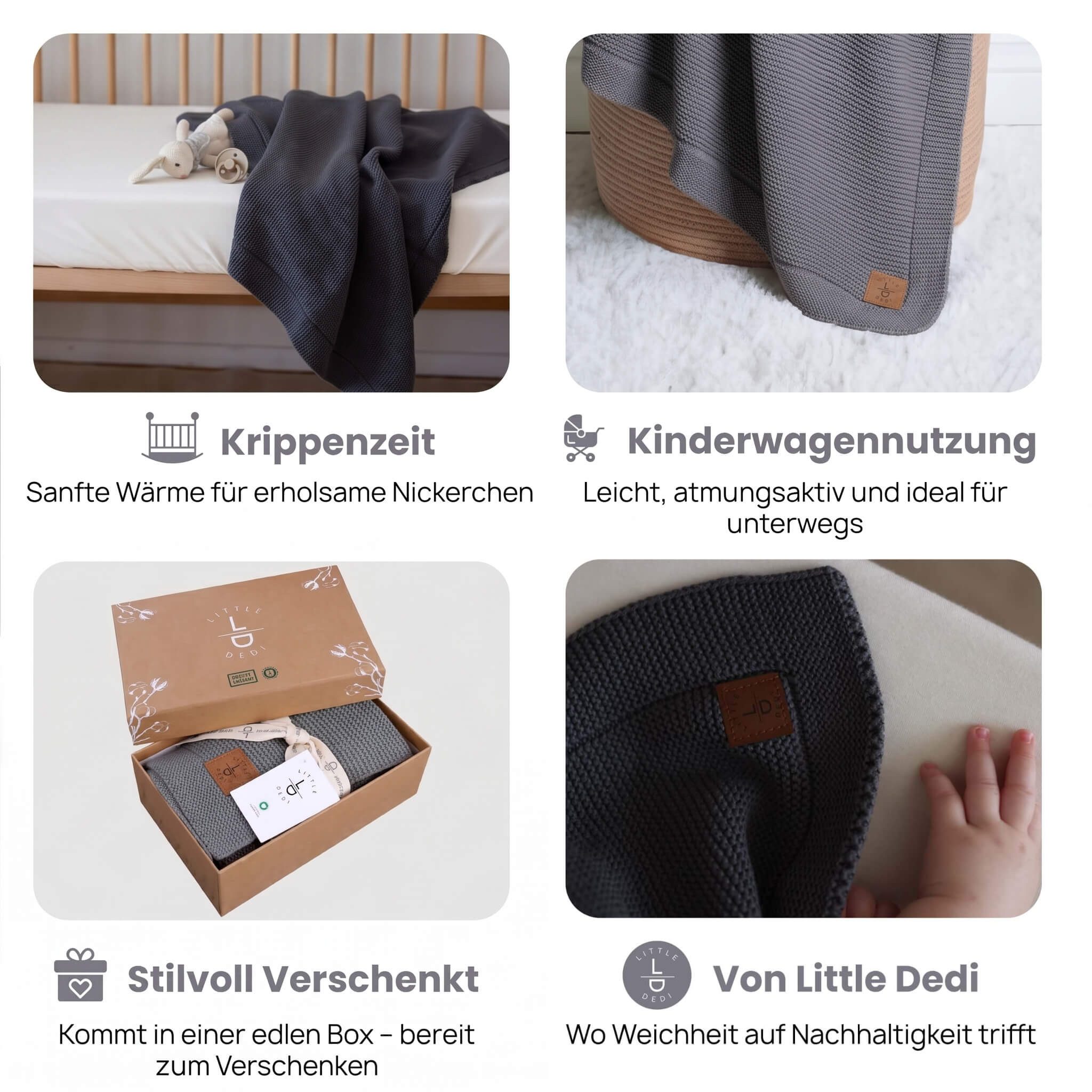 Babydecke Baby Strickdecke, %100 Bio Baumwolle, Atmungsaktiv 80x100cm Grau, Little Dedi