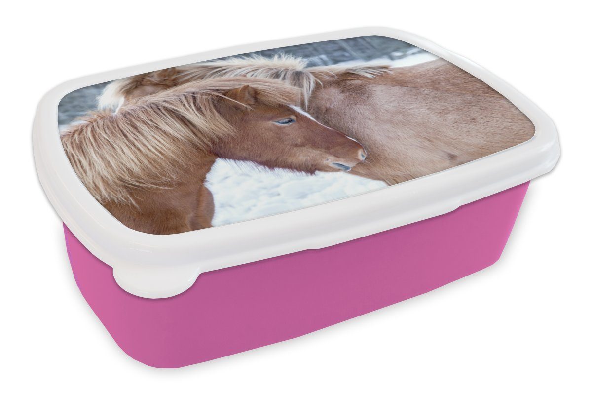 MuchoWow Lunchbox Pferde - Fohlen - Schnee, Kunststoff, (2-tlg), Brotbox für Erwachsene, Brotdose Kinder, Snackbox, Mädchen, Kunststoff rosa
