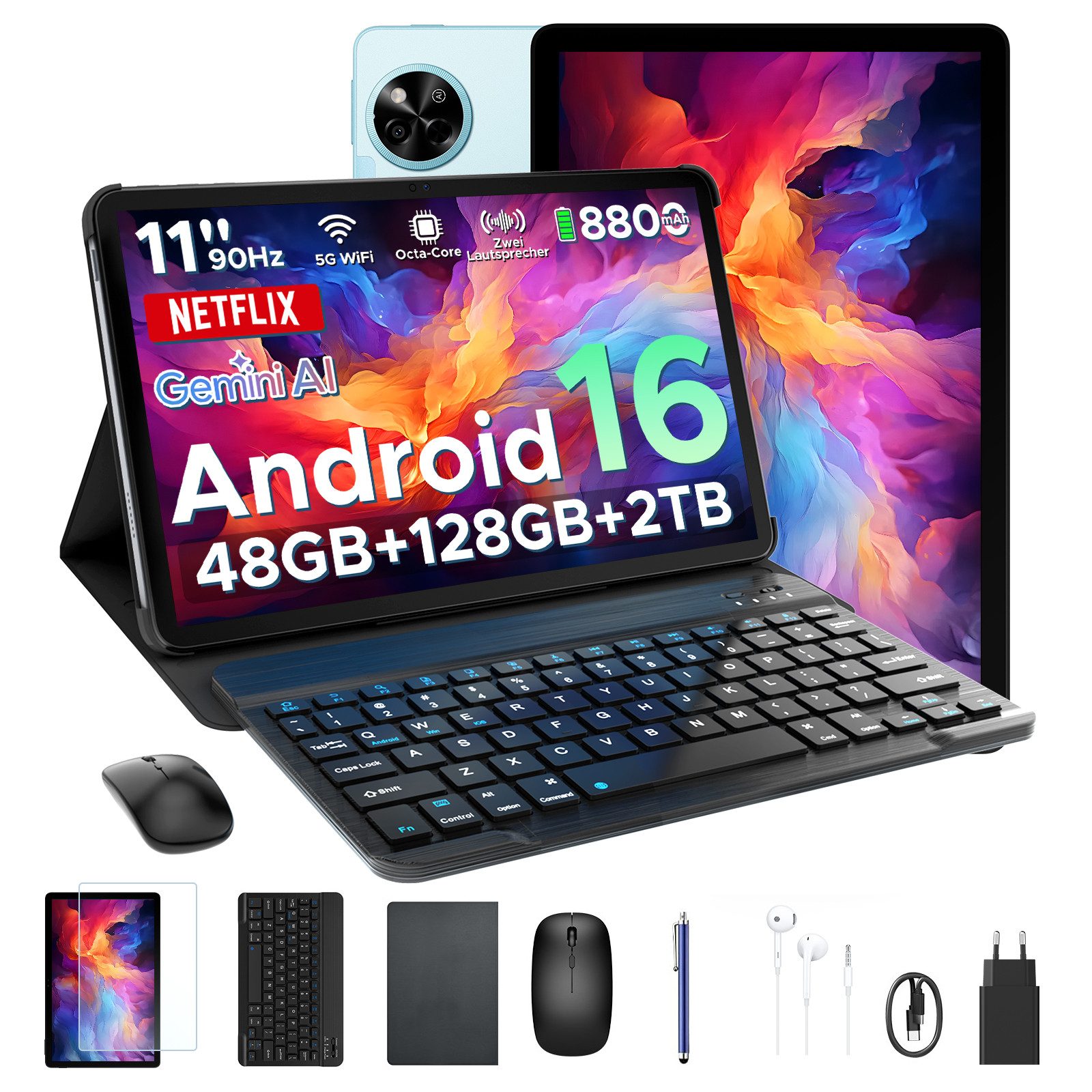 Aorlym P11 Android 16 Tablet mit Tastatur, Stift, Maus, 11 Zoll, 8800mAh Tablet (11", 8 GB, Android 16, Gemini AI, 13 MP, 5G WiFi/Widevine L1/GPS/Face ID/zwei Lautsprecher)