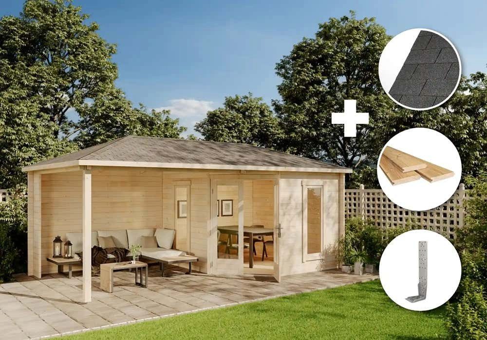 Alpholz Gartenhaus Holz Set - 5-Eck Liwa, BxT: 614x317 cm, (Set), in Naturbelassen Inkl. Fußboden & Dacheindeckung