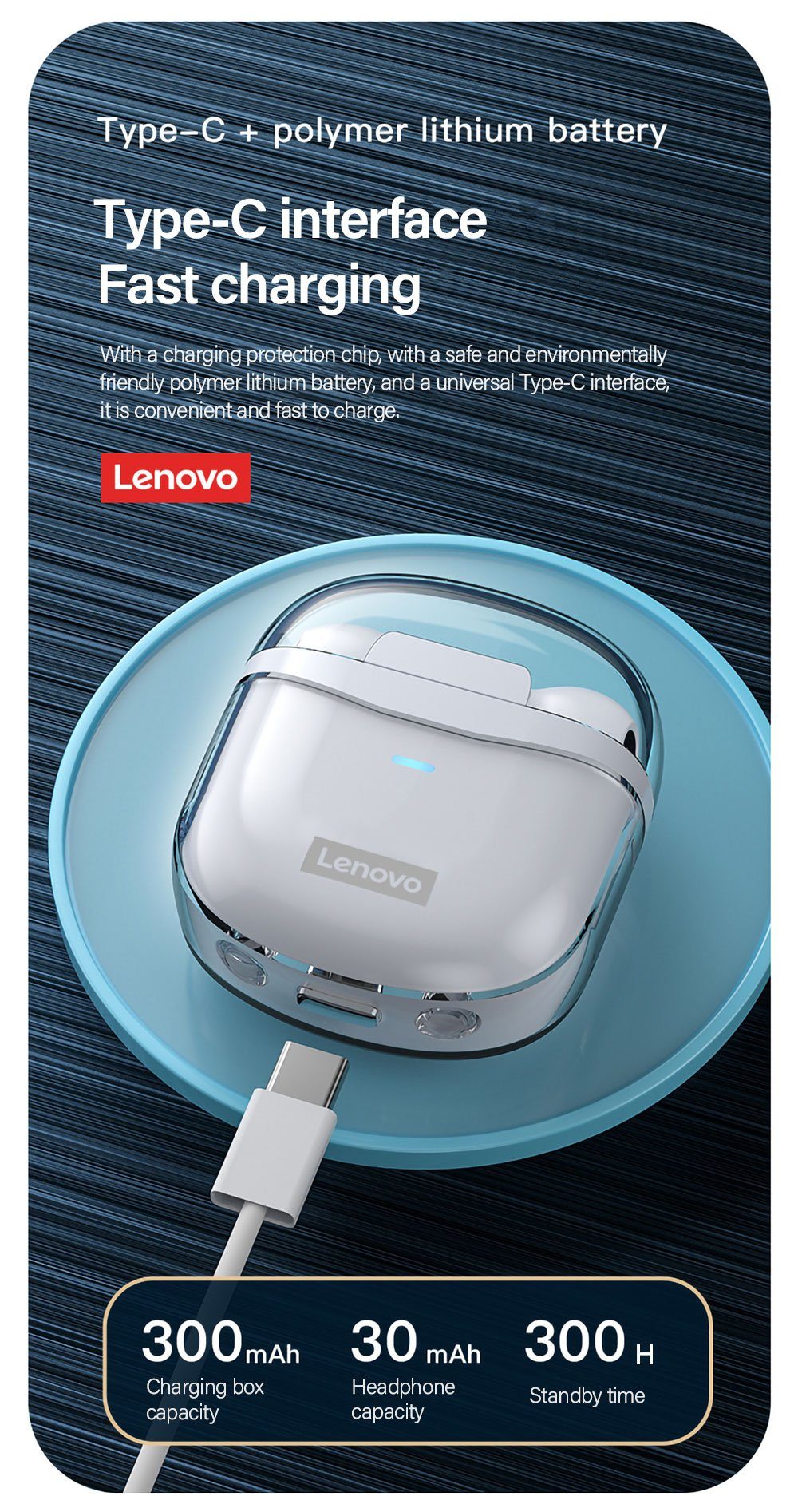 Lenovo XT96 mAh 300 Wireless, Bluetooth - Touch-Steuerung Siri, Bluetooth-Kopfhörer (True 5.1, kabellos, Stereo-Ohrhörer mit Kopfhörer-Ladehülle mit Schwarz)