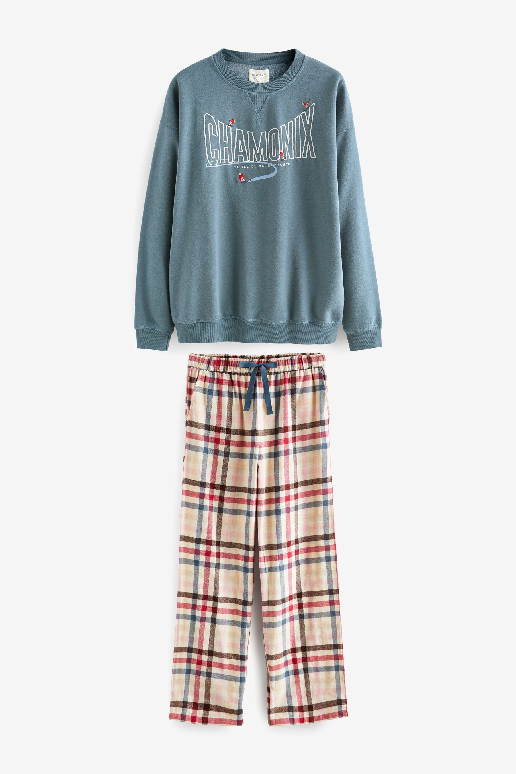 Next Pyjama Schlafanzug Sweatshirt tlg) Flanellhose mit Ski Blue (2