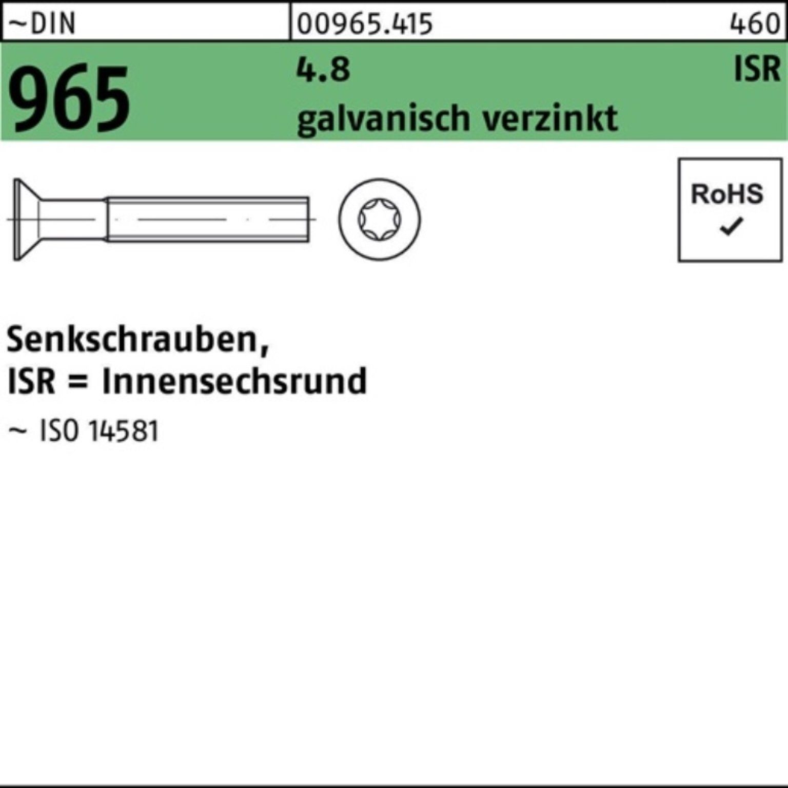 2000St. Reyher galv.verz. DIN ISR Senkschraube 965 4.8 Senkschraube M3x12-T10 2000er Pack