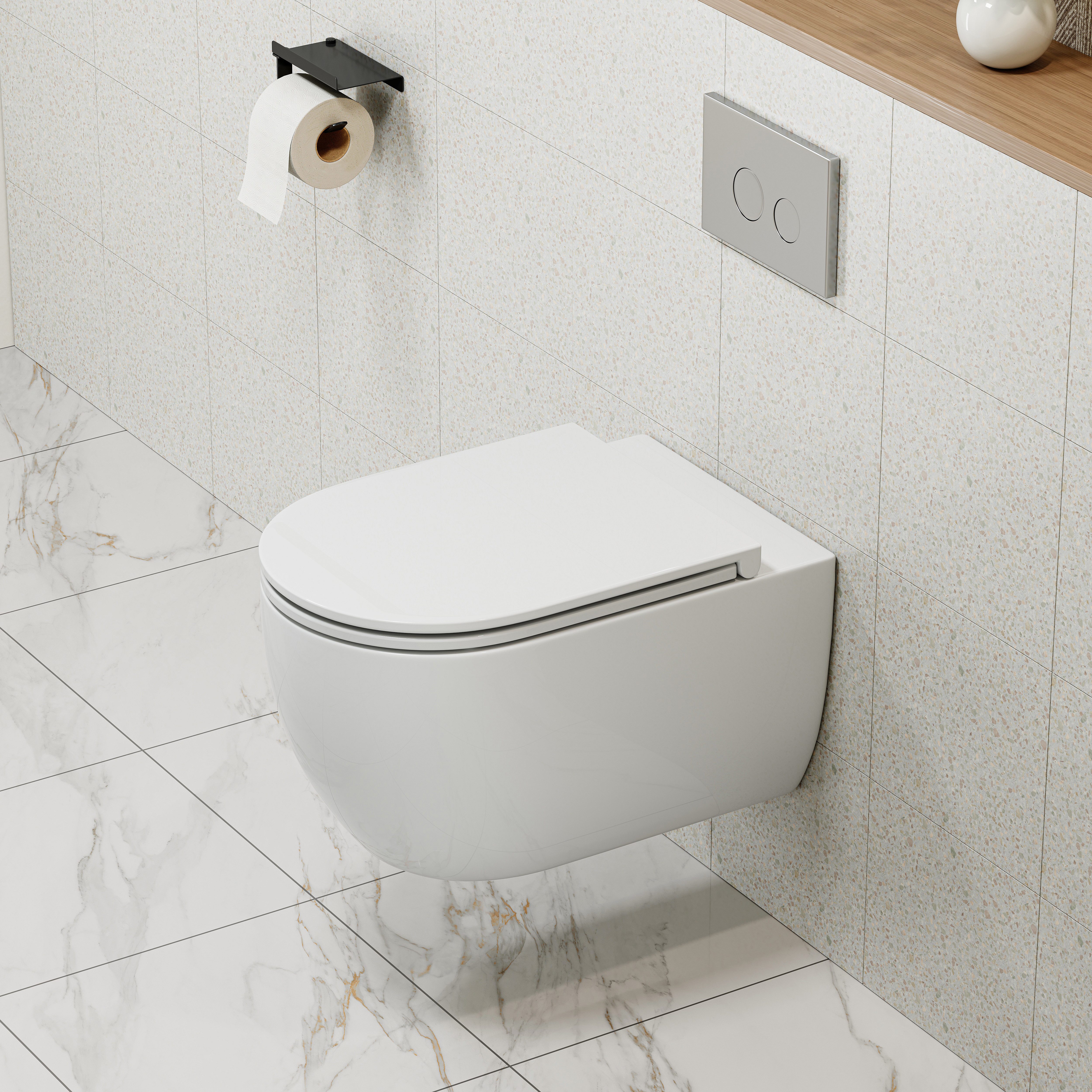 HOROW Tiefspül-WC Hänge WC Spülrandlos Toilette - 360° Einloch Superspin Spülung Wand WC, und WC Sitz mit Absenkautomatik, Abgang WC, Wand-WC mit WC-Sitz Absenkautomatik