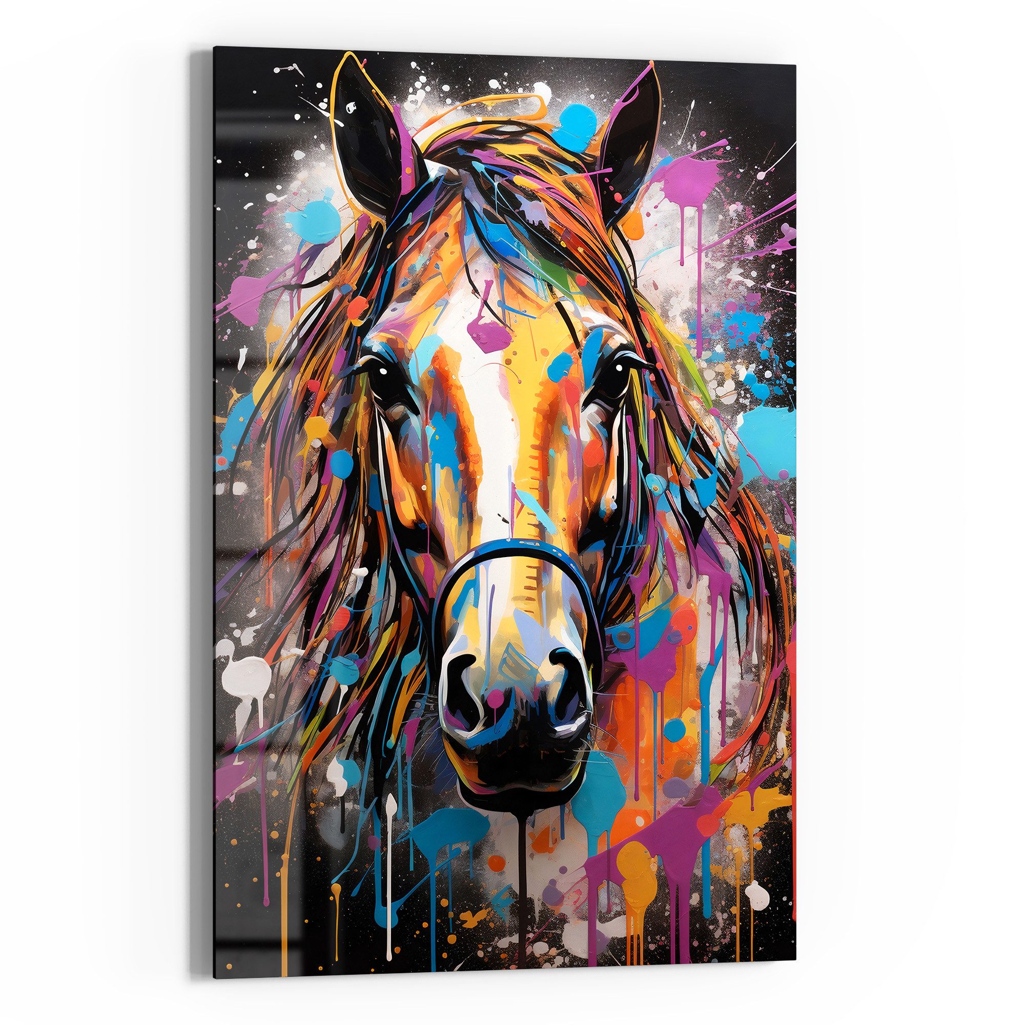 DEQOART Glasbild 'Pferd im Farbenfest', 'Pferd im Farbenfest', Glas Wandbild Bild schwebend modern