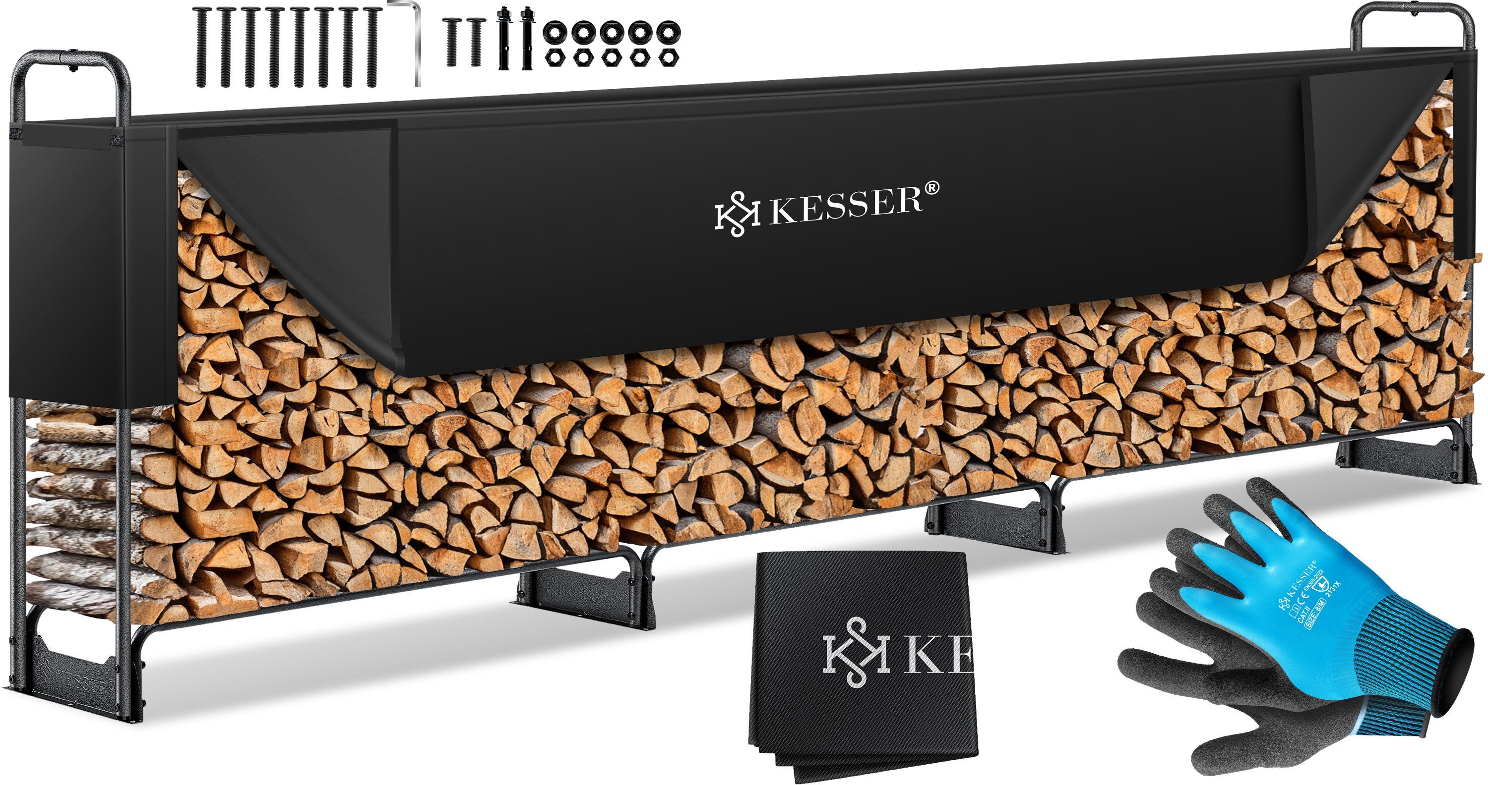 KESSER Kaminholzregal, Kaminholzregal Metall Brennholzregal außen Stahlrahmen + Abdeckung