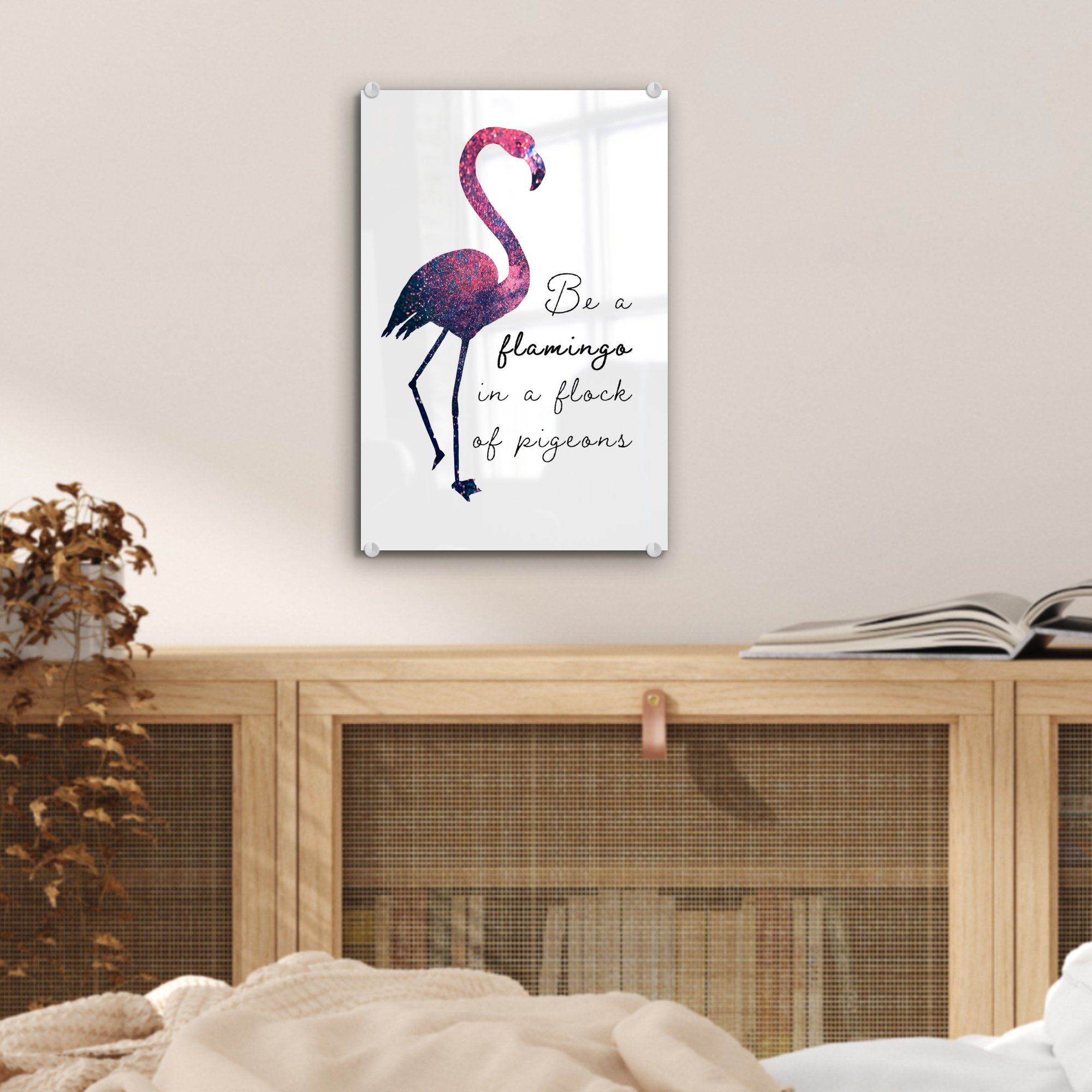MuchoWow Acrylglasbild - Glasbilder Flamingo - Foto - Rosa, Glas - (1 auf St), Glitzer - bunt Bilder Wanddekoration Wandbild auf Glas
