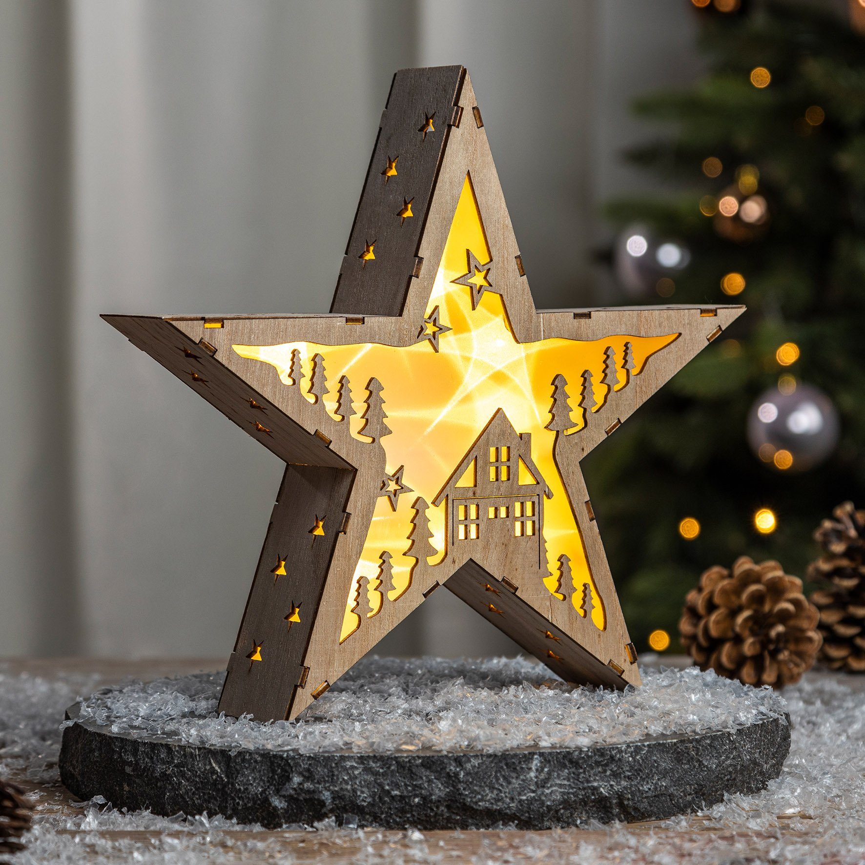Spetebo LED-Dekofigur LED Deko Aufsteller Stern mit Hologrammfolie (Packung, 1 St., 1 Stück), Holz Weihnachtsstern warm weiß beleuchtet