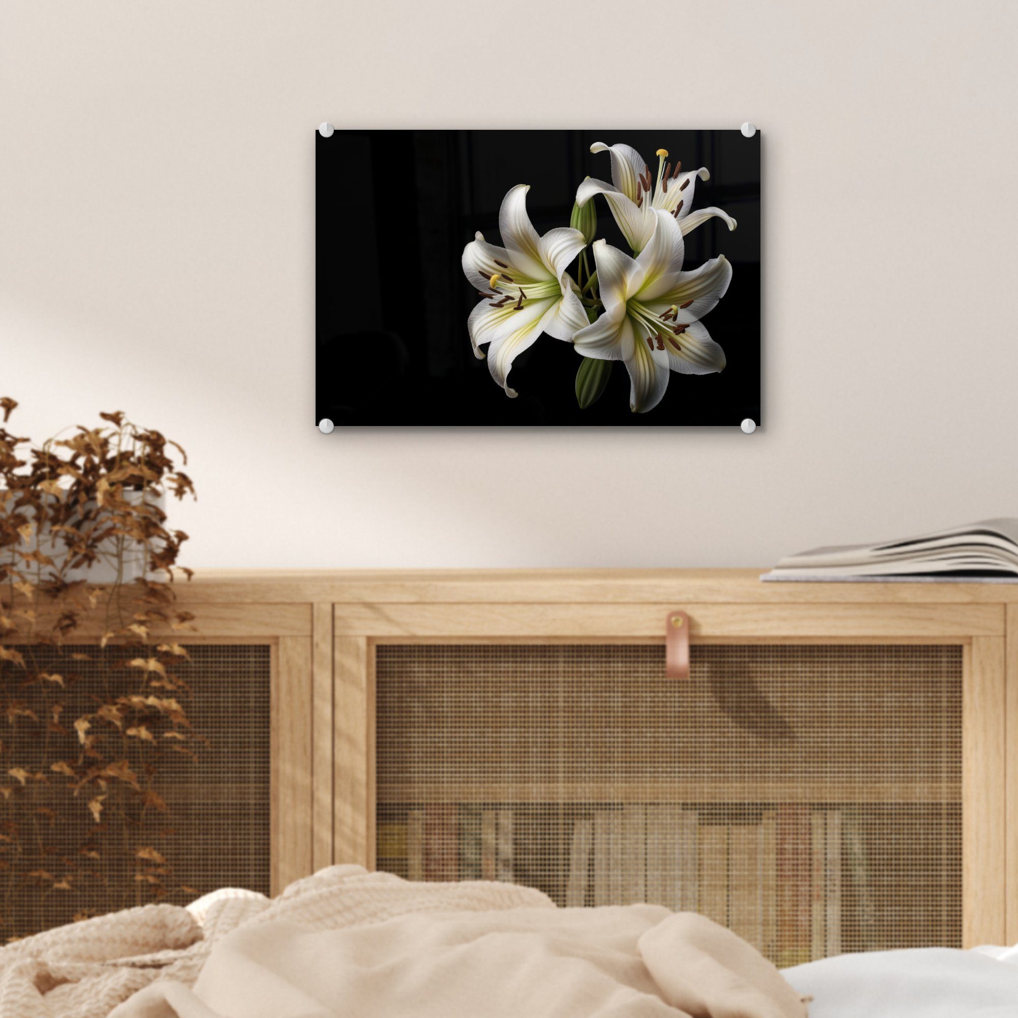 Lilie auf Weiß - MuchoWow - Glasbilder - Acrylglasbild St), - Wanddekoration Natur Glas Blumen - auf Foto Wandbild Botanisch, - Glas Bilder - (1