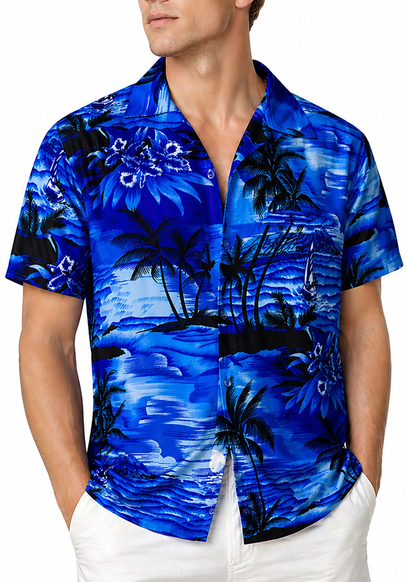 King Kameha Hawaiihemd "Surf" Funky Hawaii-Hemd Herren Kurzarm Front-Tasche Sommerhemd – Bild 3 von 5