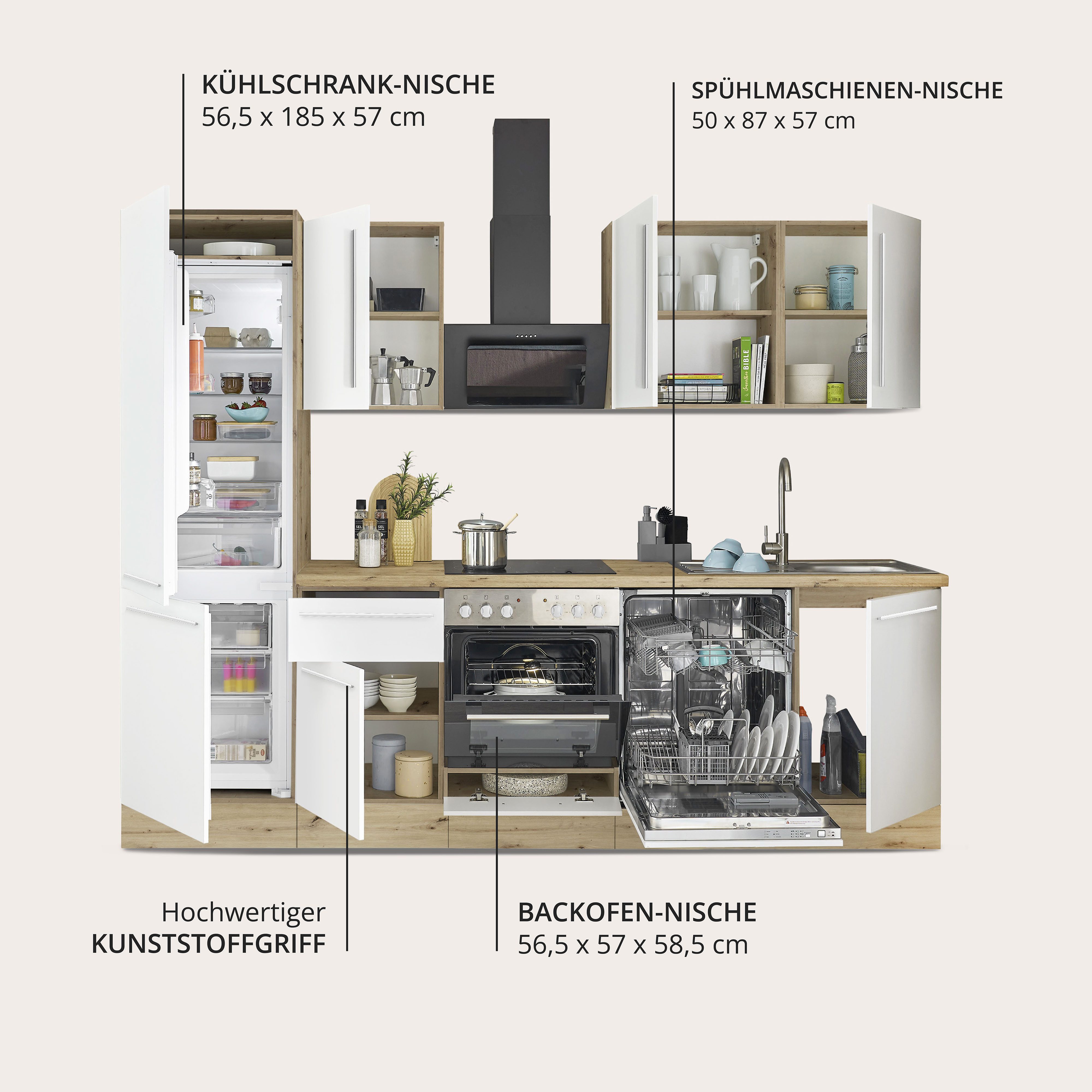 KOCHSTATION Küchenzeile KS-Florida mit 38mm starker Arbeitsplatte, Breite 280 cm, wahlweise mit E-Geräten, Soft-Close-Funktion