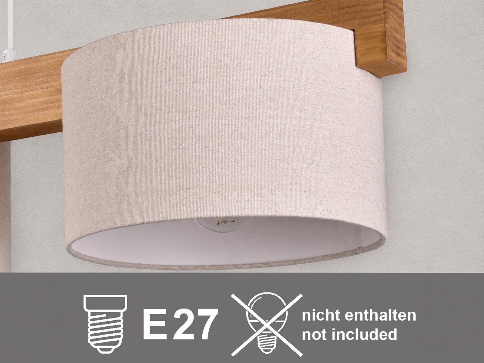 meineWunschleuchte mit Holz-Balken & Stoff, Breite 100cm, ohne Leuchtmittel, Esstisch-Lampe hängend, Holzlampe skandinavisch, Esszimmerlampe groß