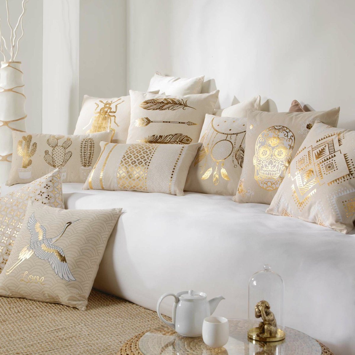 Macosa Home Dekokissen Beige gold weiß Muster, Zierkissen modern Dekokissen Sofakissen – Bild 3 von 5