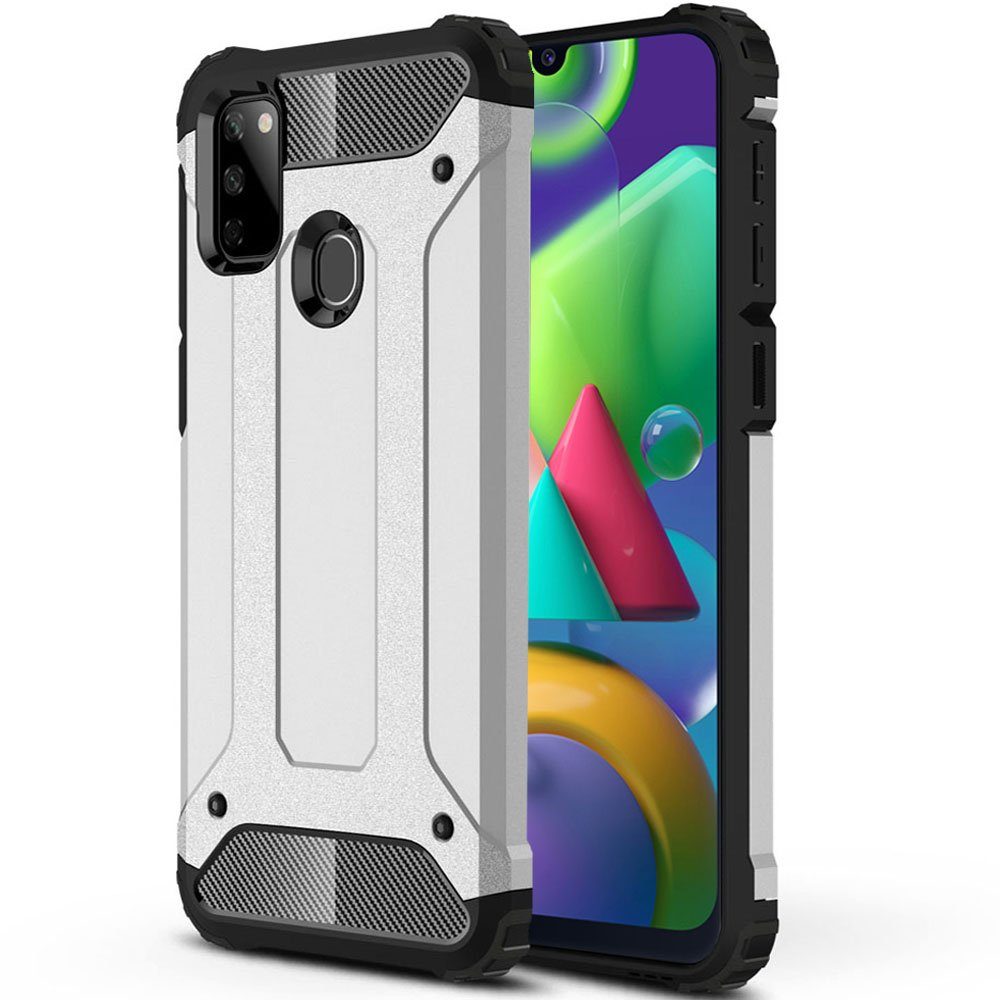 FITSU Handyhülle Outdoor Hülle für Samsung Galaxy M21 Silber 6,4 Zoll, Robuste Handyhülle Outdoor Case stabile Schutzhülle mit Eckenschutz