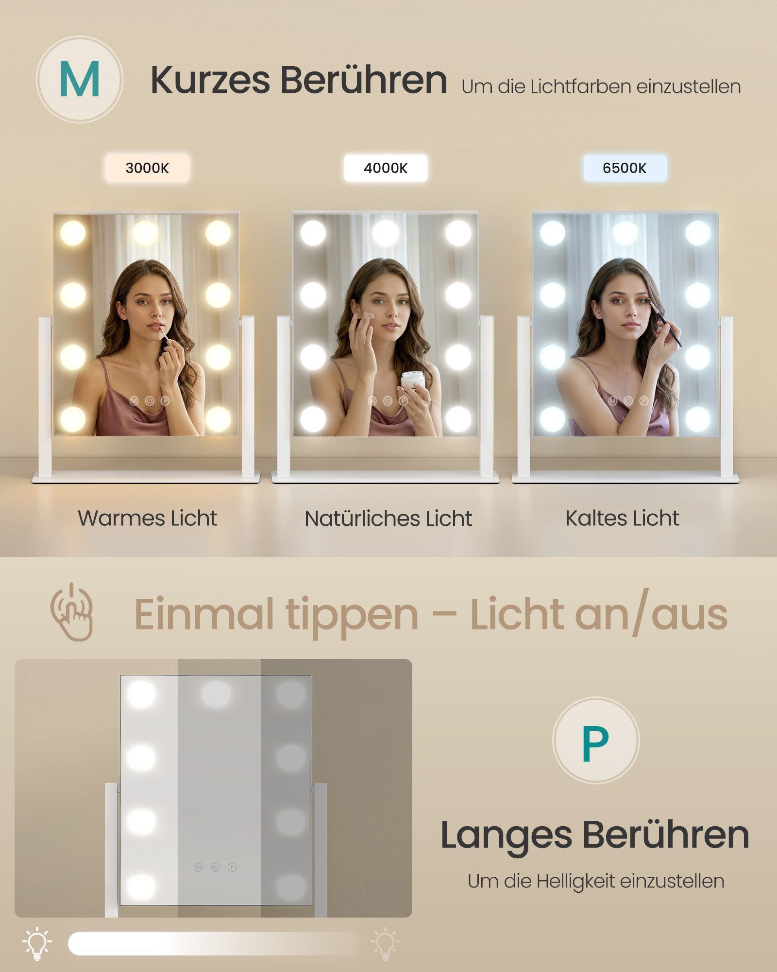 SONGMICS Schminkspiegel Hollywood Schminktischspiegel, Kosmetikspiegel, 25 x 30 cm, mattweiß, mit 9 LED-Glühbirnen, Touch-Steuerung, 3 Lichtfarben, dimmbar